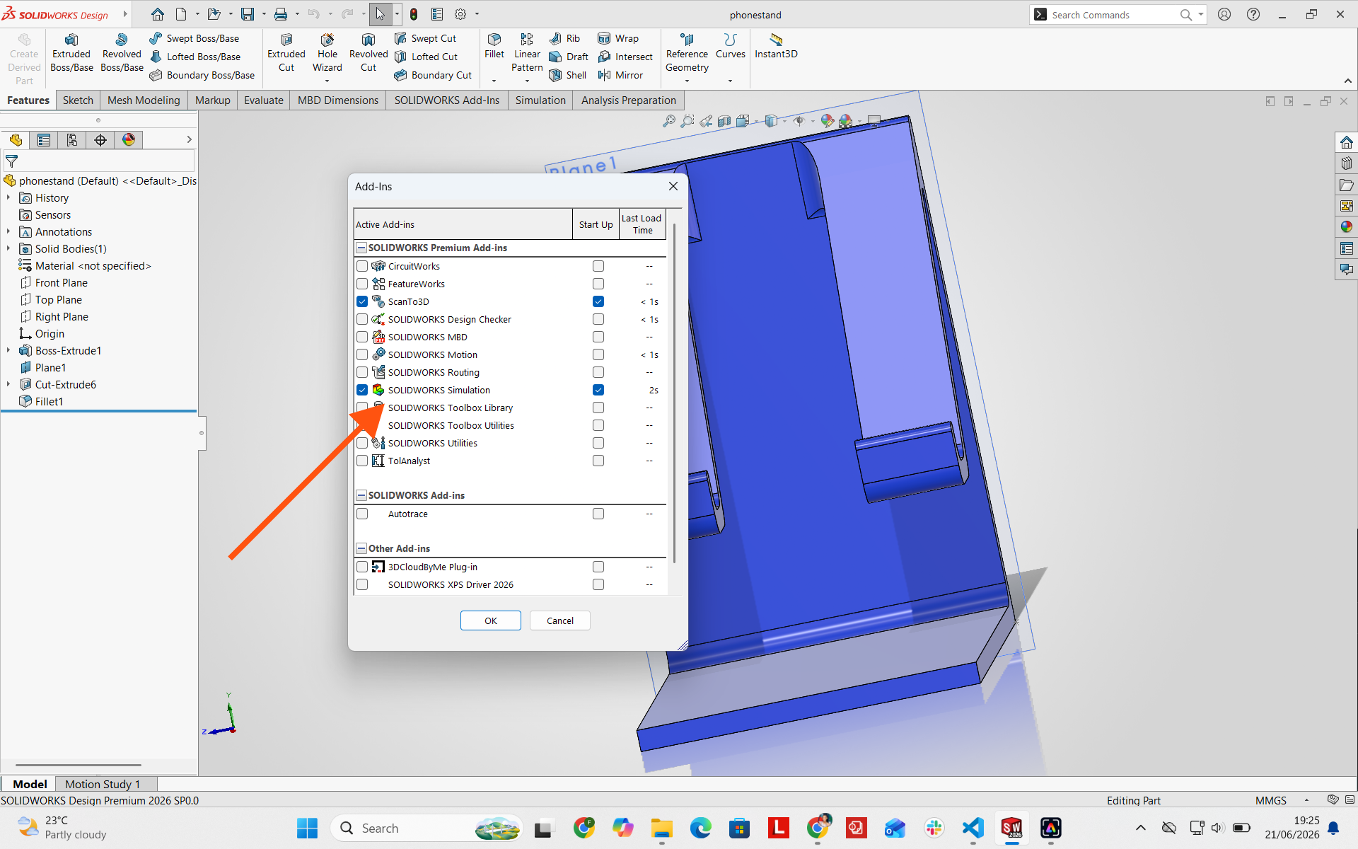 SolidWorks Simulation selected