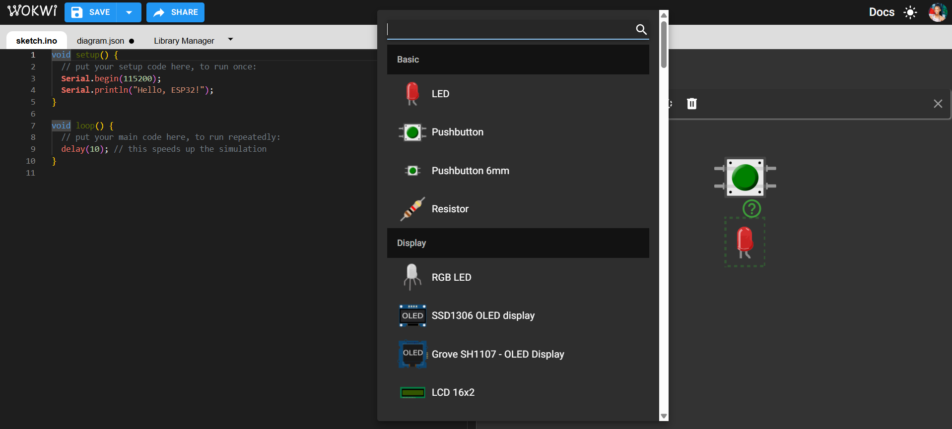 Selecting Peripherals in Wokwi Canvas