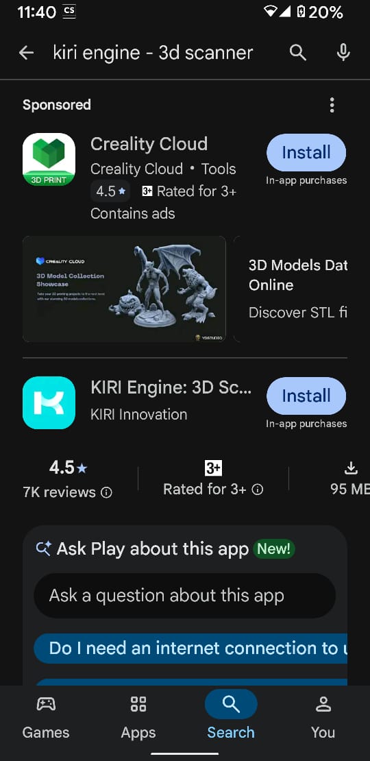 KIRI Engine installed in Play Store