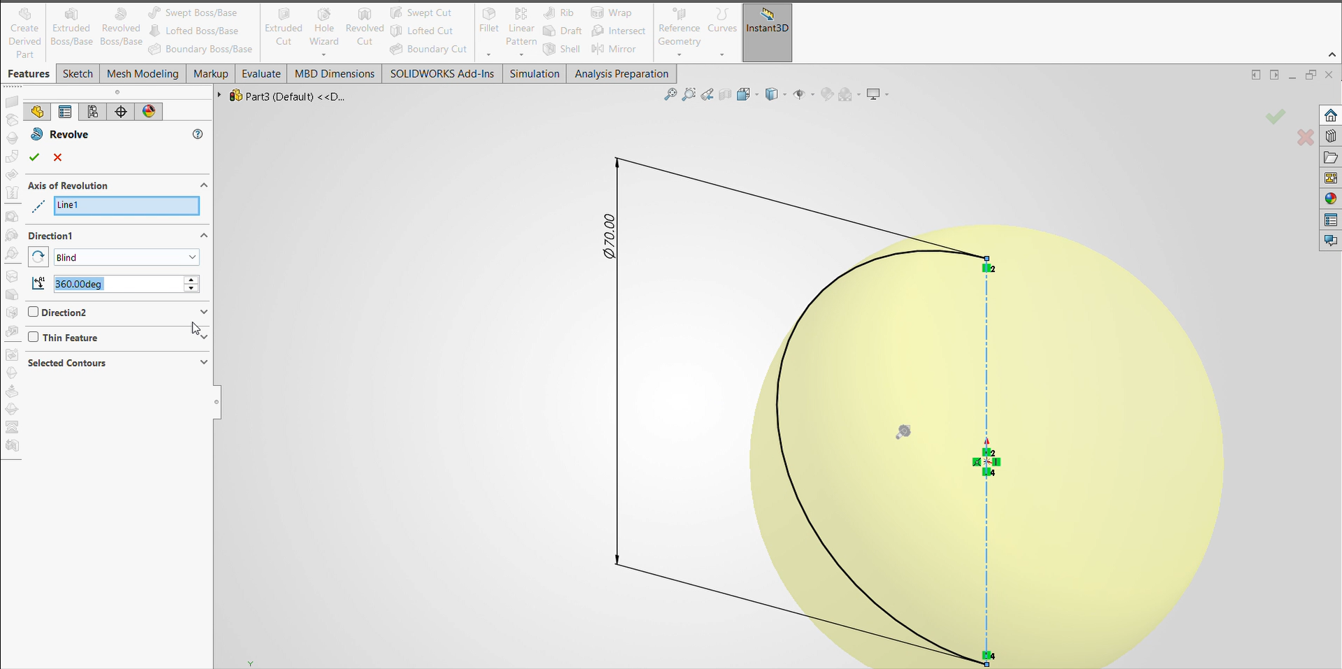 Using Revolve boss to have 3d shaped ball