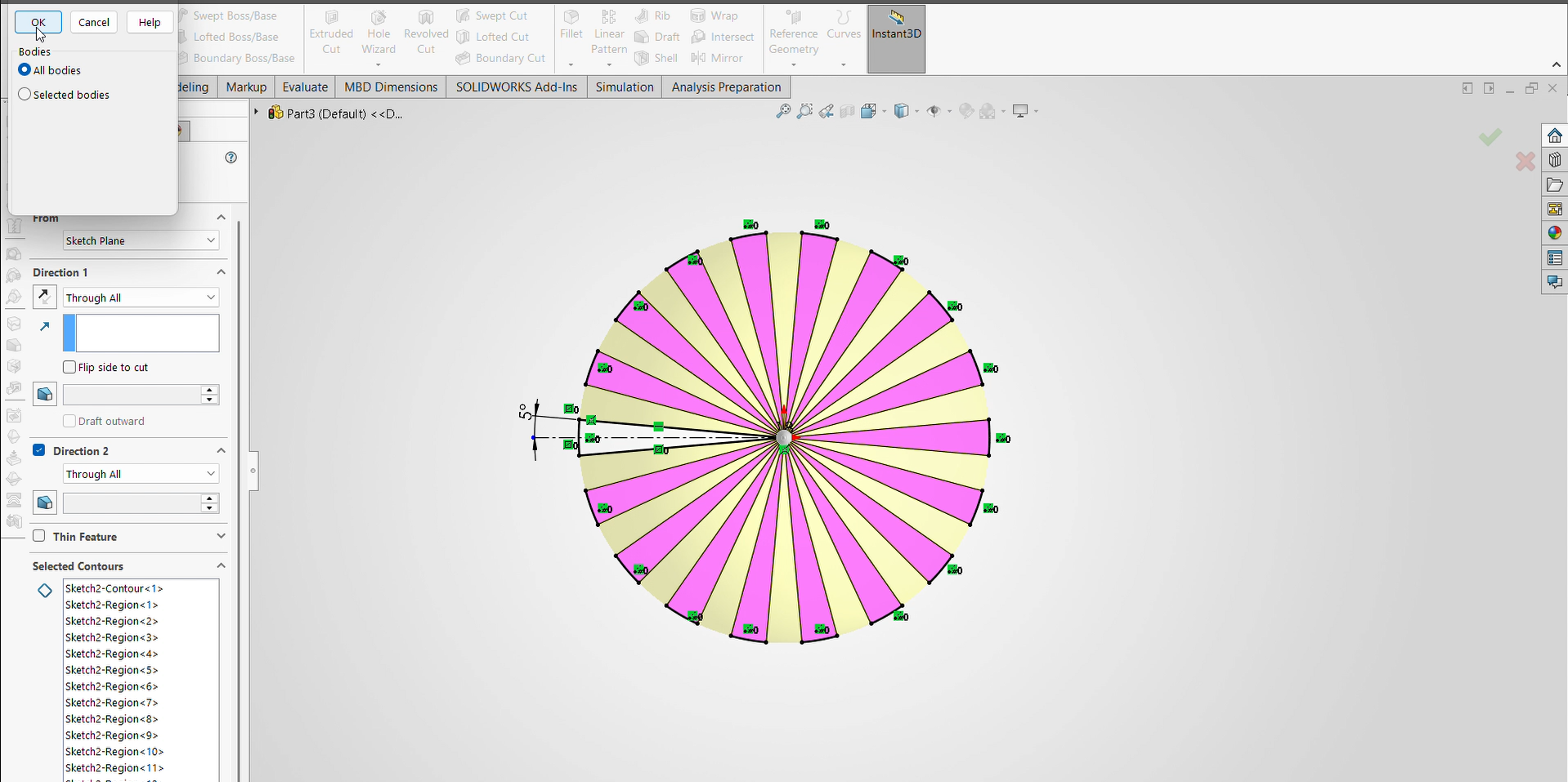 Extruding cut the selected faces of triangles added on circle