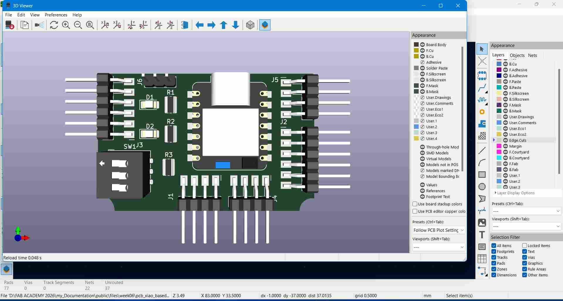 KiCad 3D Renderer Board View