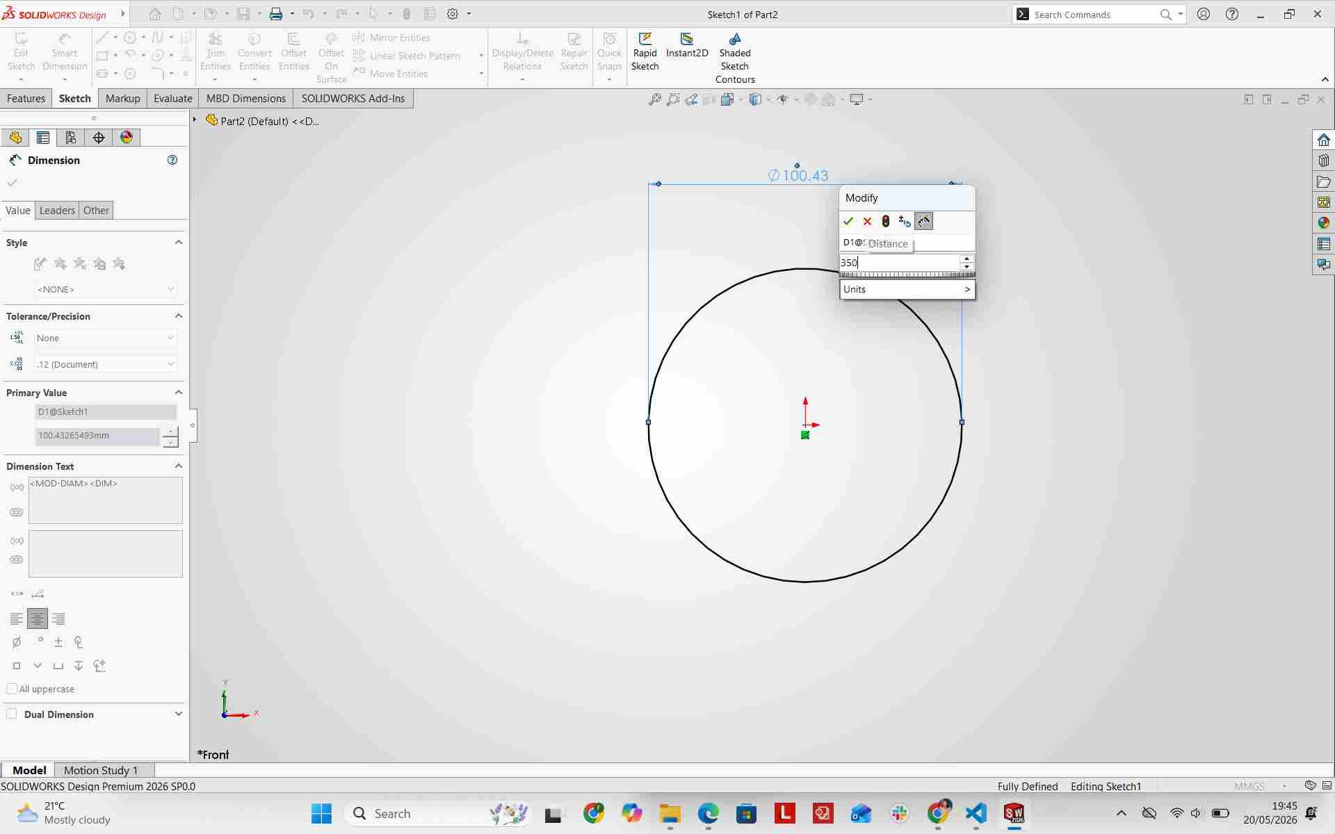 Seat Circle Sketch in SolidWorks