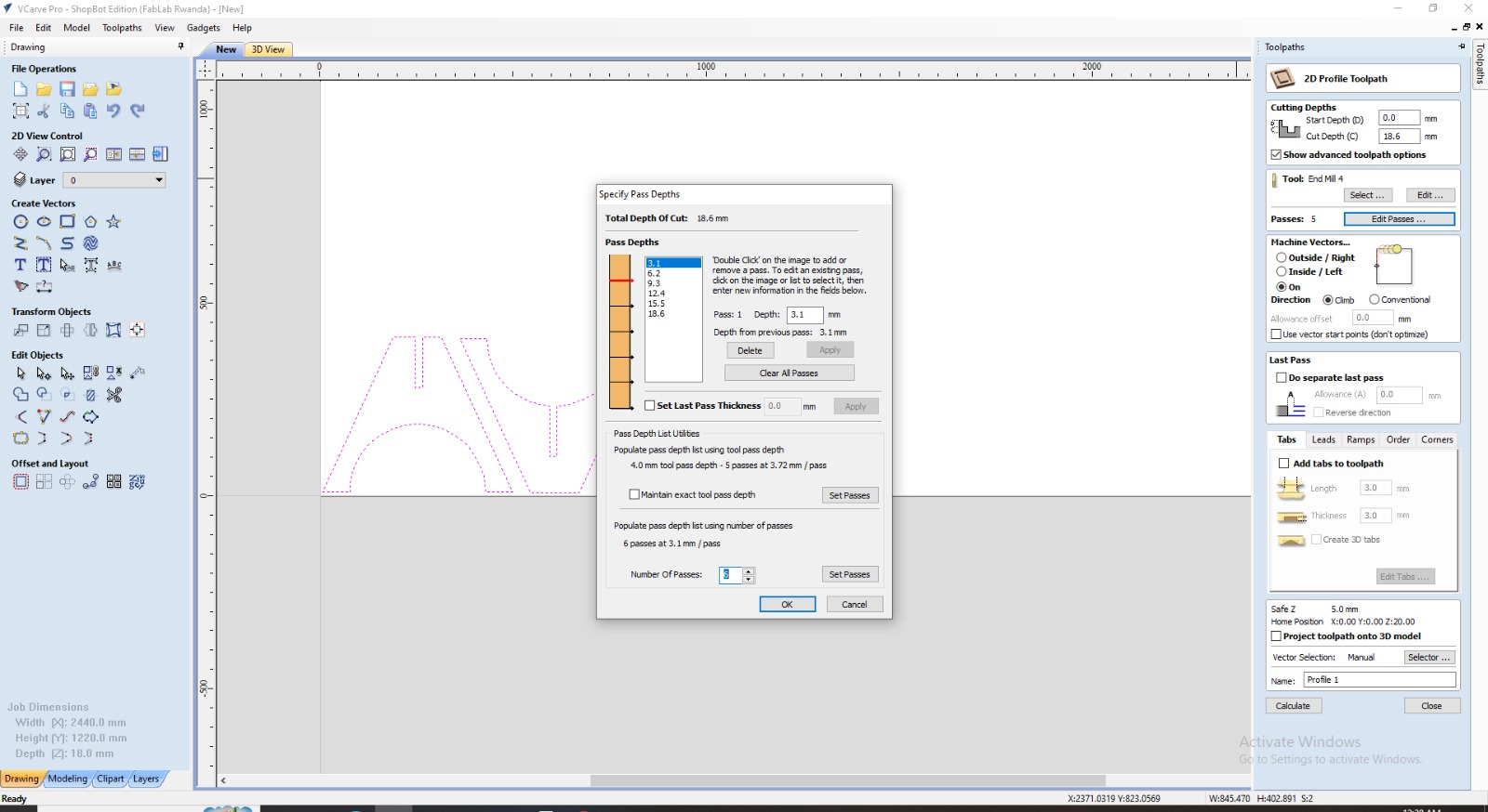 Toolpath Pass Configuration in VCarve