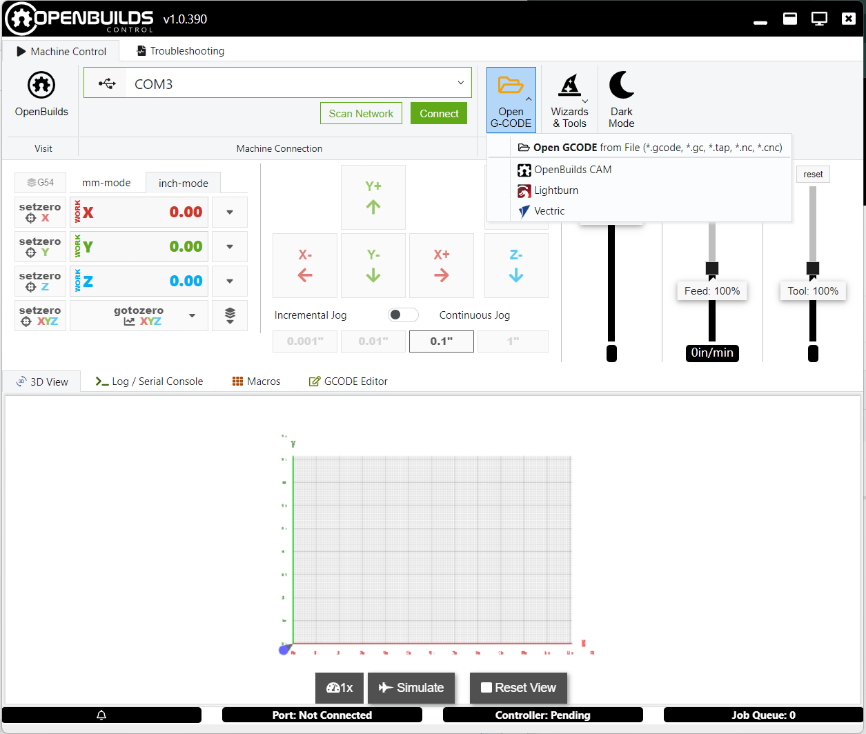 Selecting Open G-Code Option