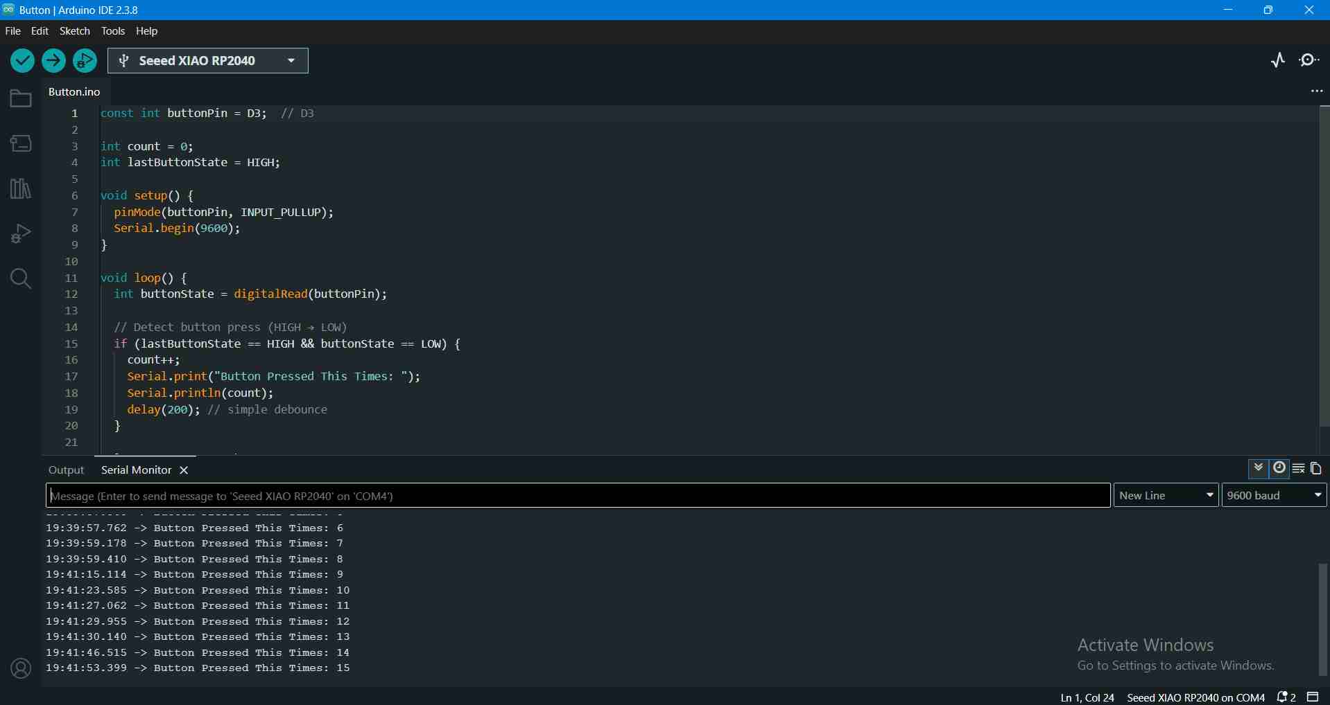 Button Counter Serial Output in Arduino IDE