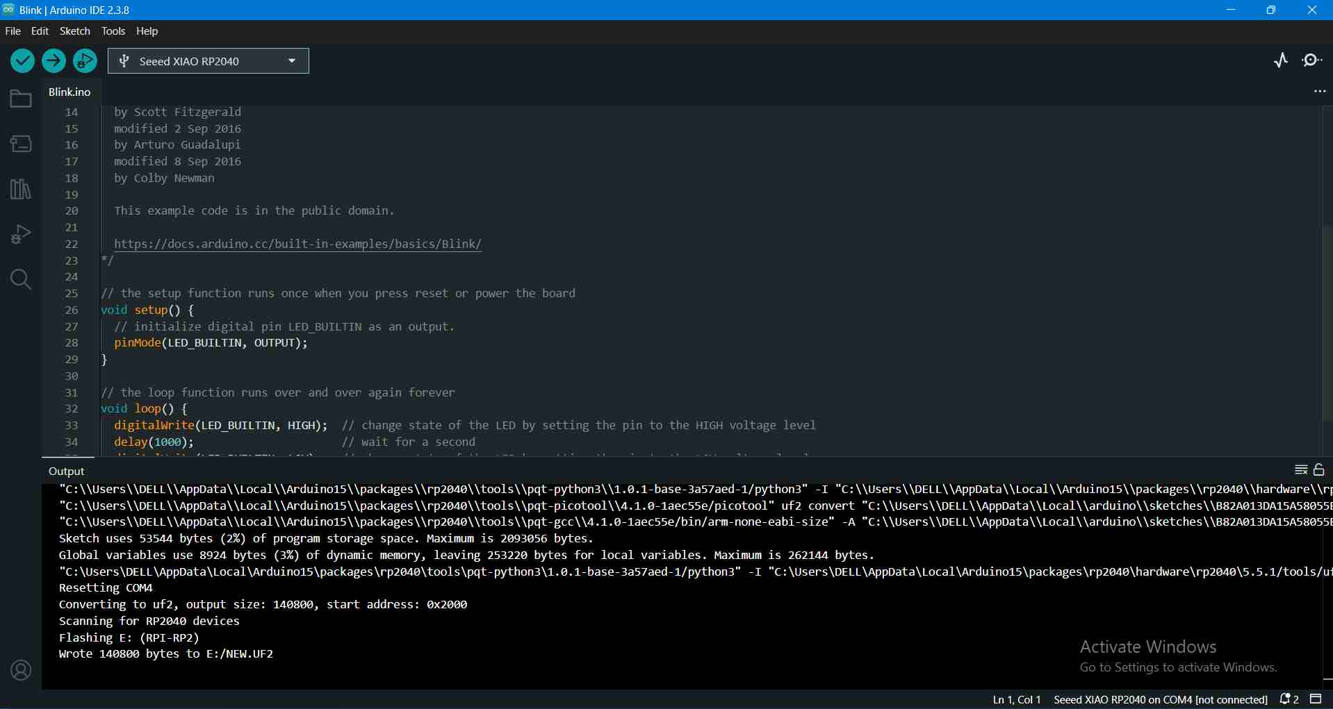 Blink Example Code in Arduino IDE