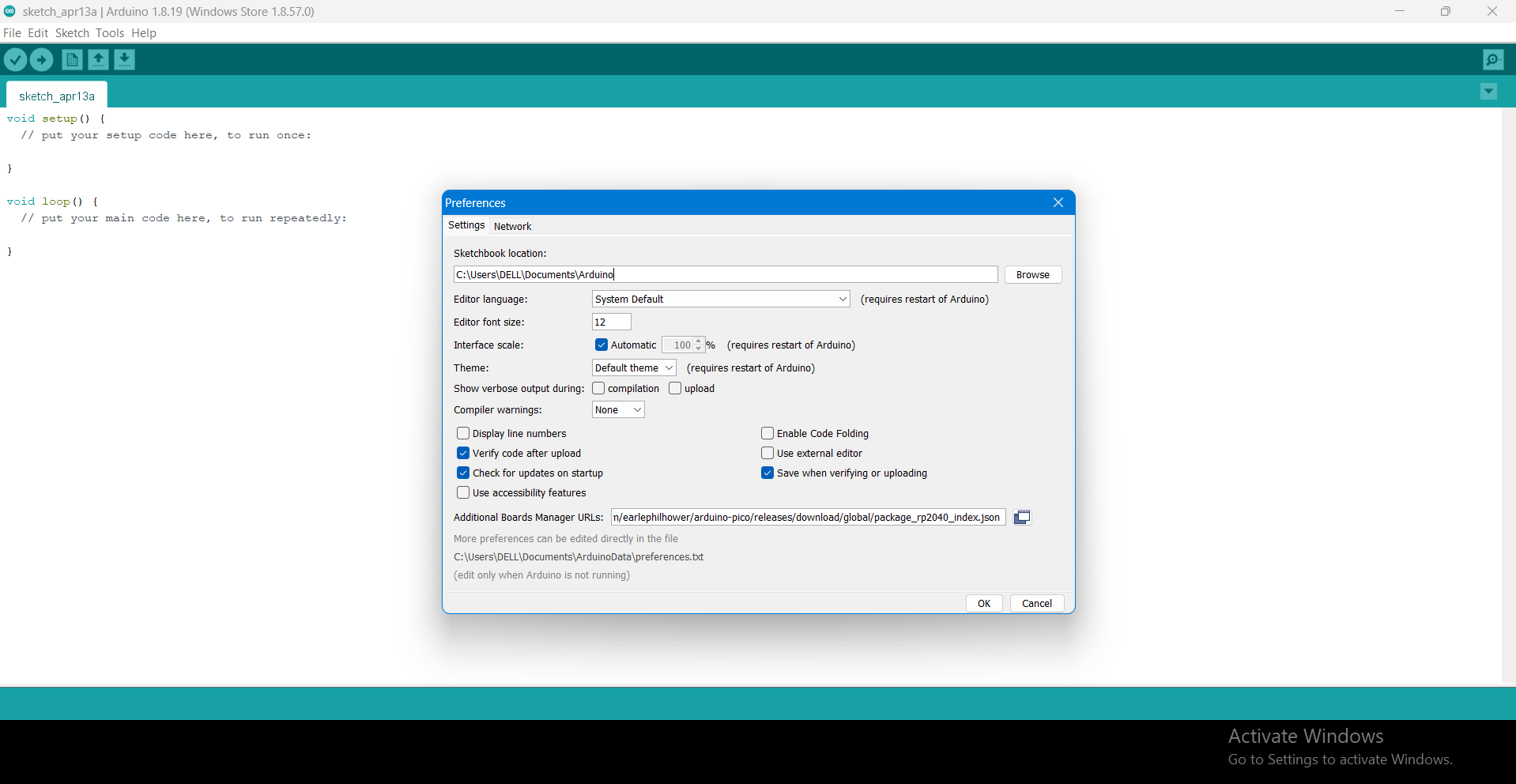 Pasting Board URL in Arduino Preferences