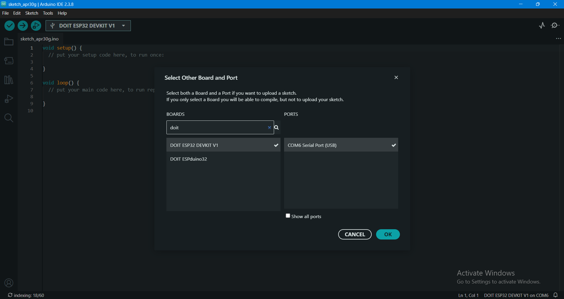 Active COM Port Selected