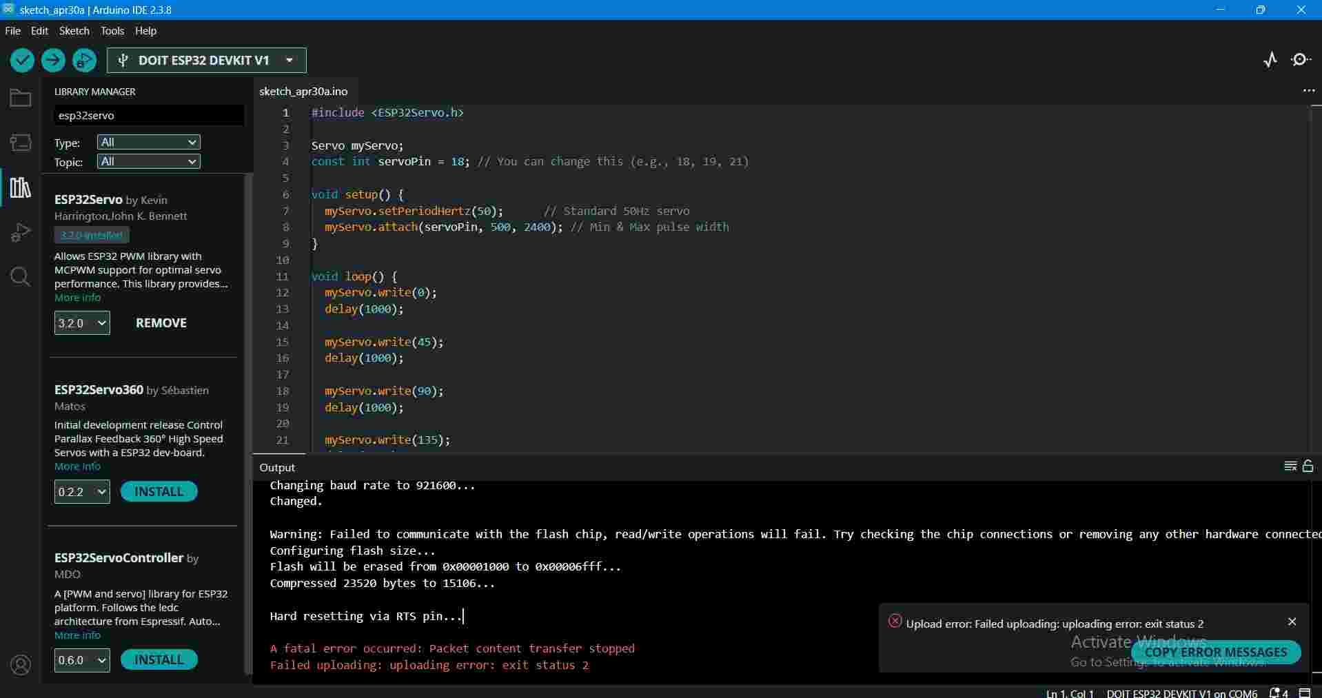 ESP32 Upload Error in Arduino IDE