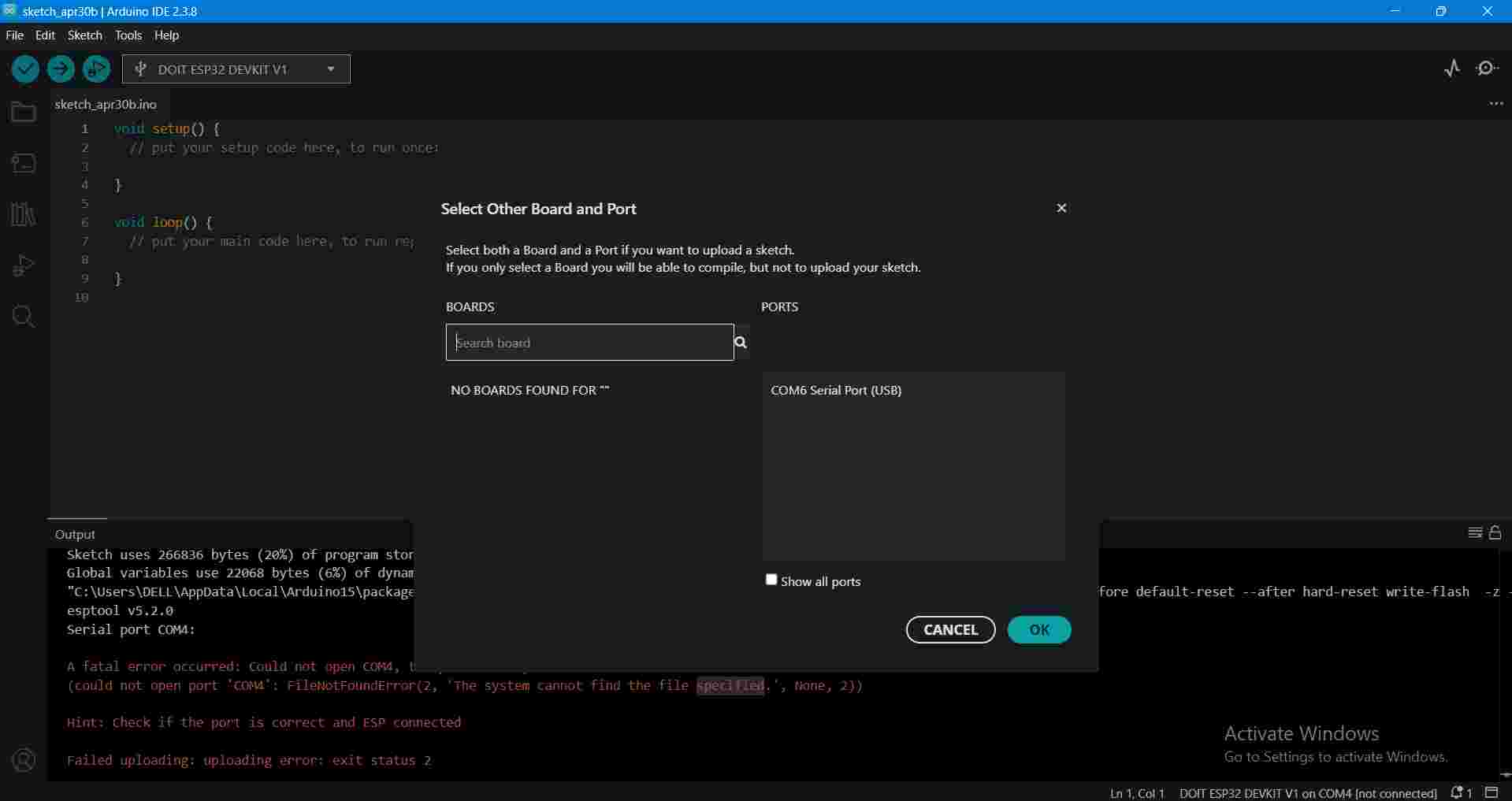 Board Connection Error Dialog