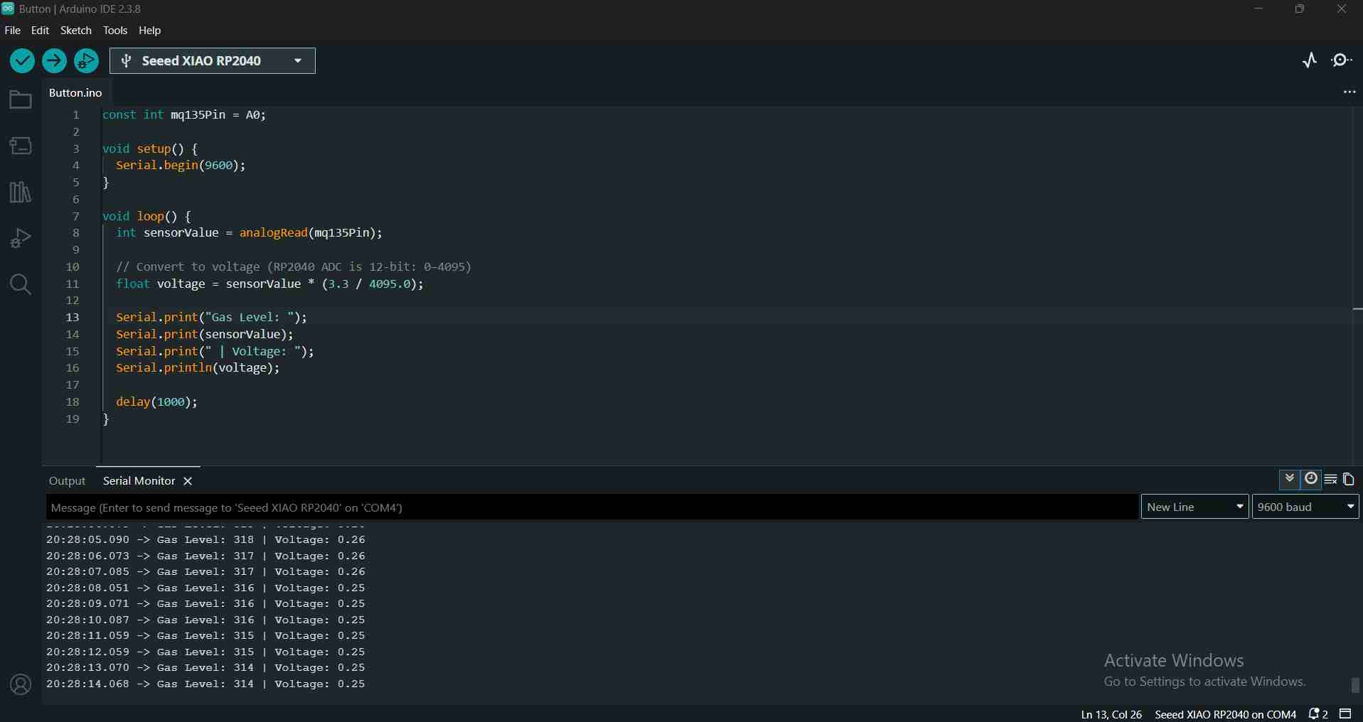 Gas sensor output on serial monitor