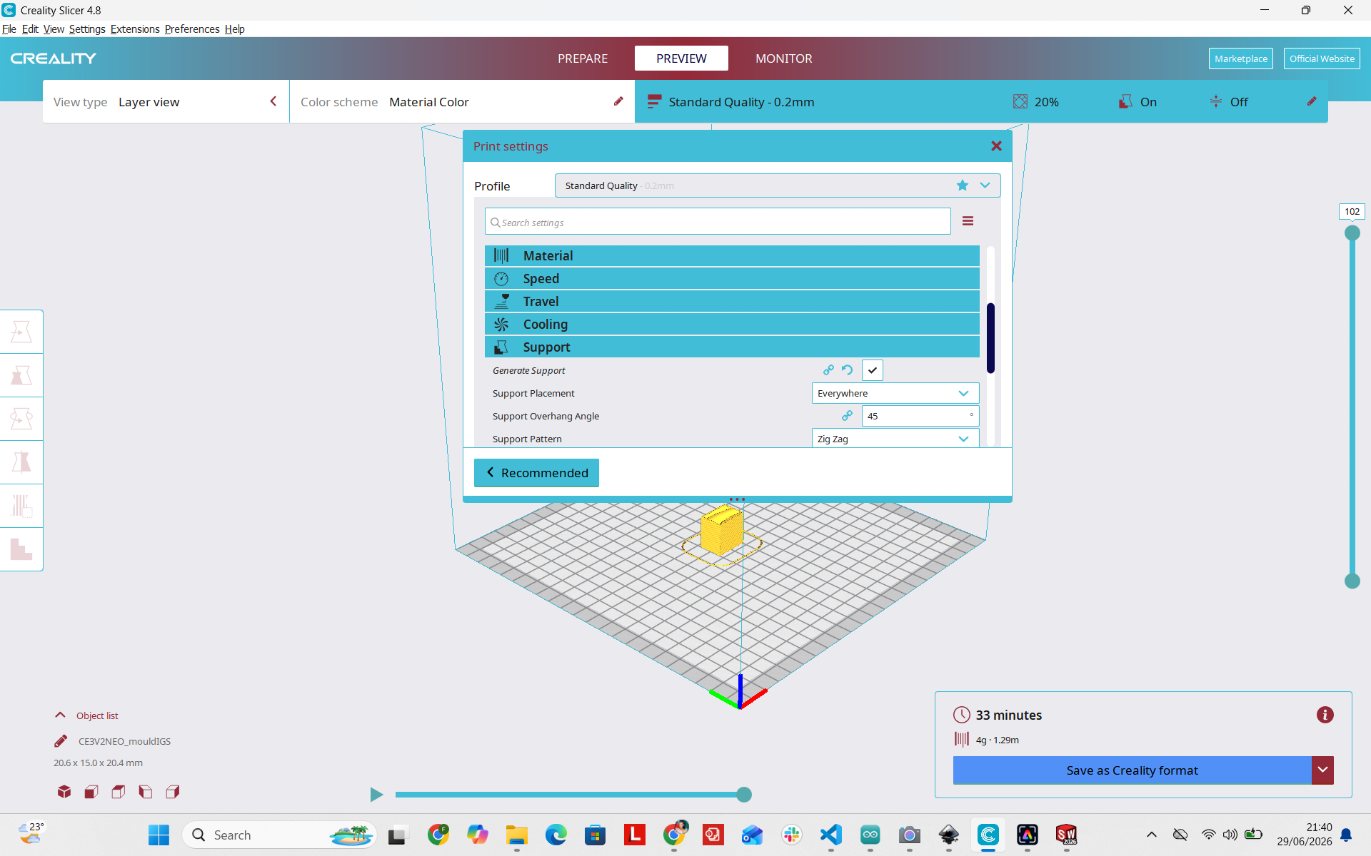 Slicing preview and print time estimate
