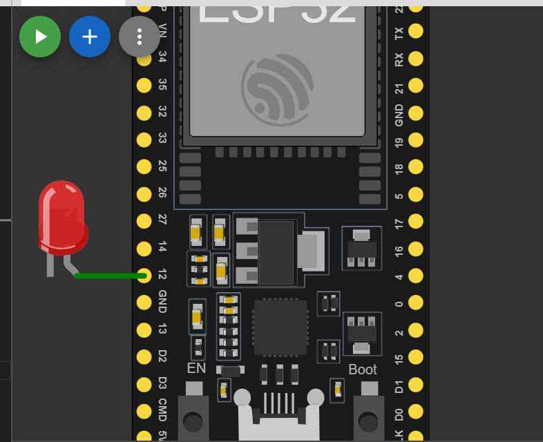 ESP32 wired to a red LED on GPIO12 in Wokwi ESP32 wired to a red LED on GPIO12 in Wokwi