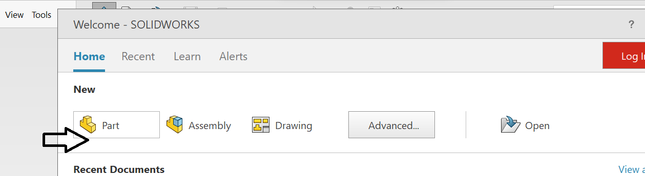 New part document in SolidWorks New part document in SolidWorks