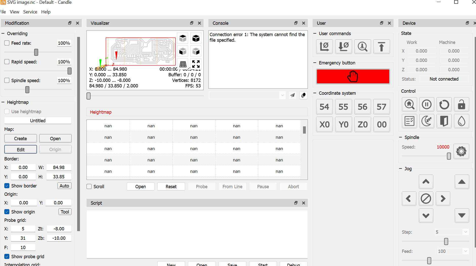 Candle CNC with G-code loaded and height map active