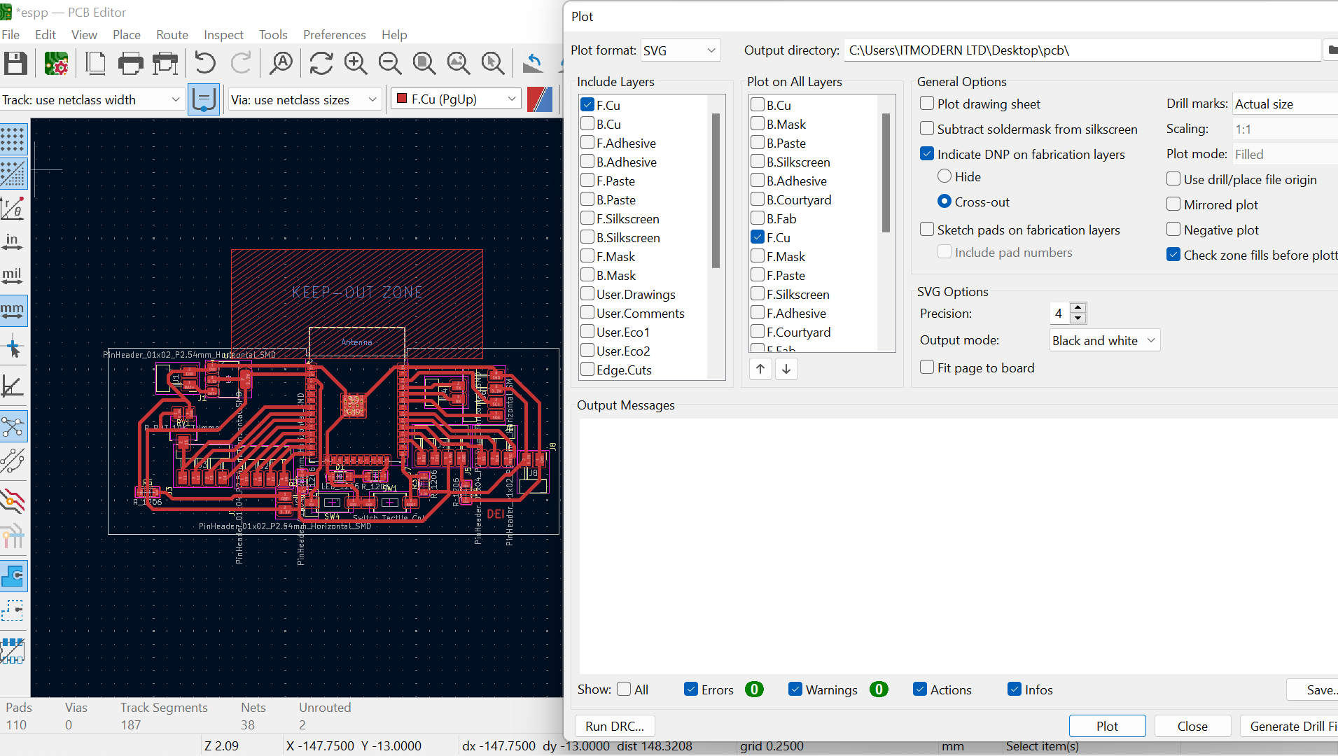 Exporting the PCB as SVG from the KiCad Plot dialog