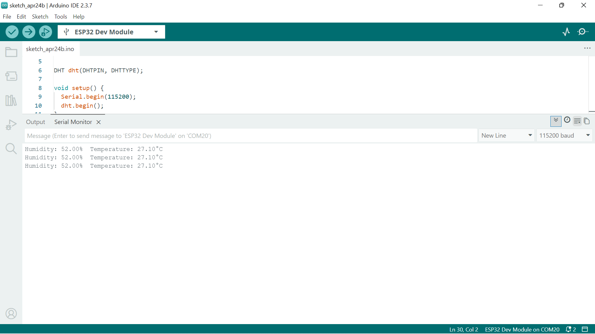 Serial Monitor showing DHT temperature and humidity output