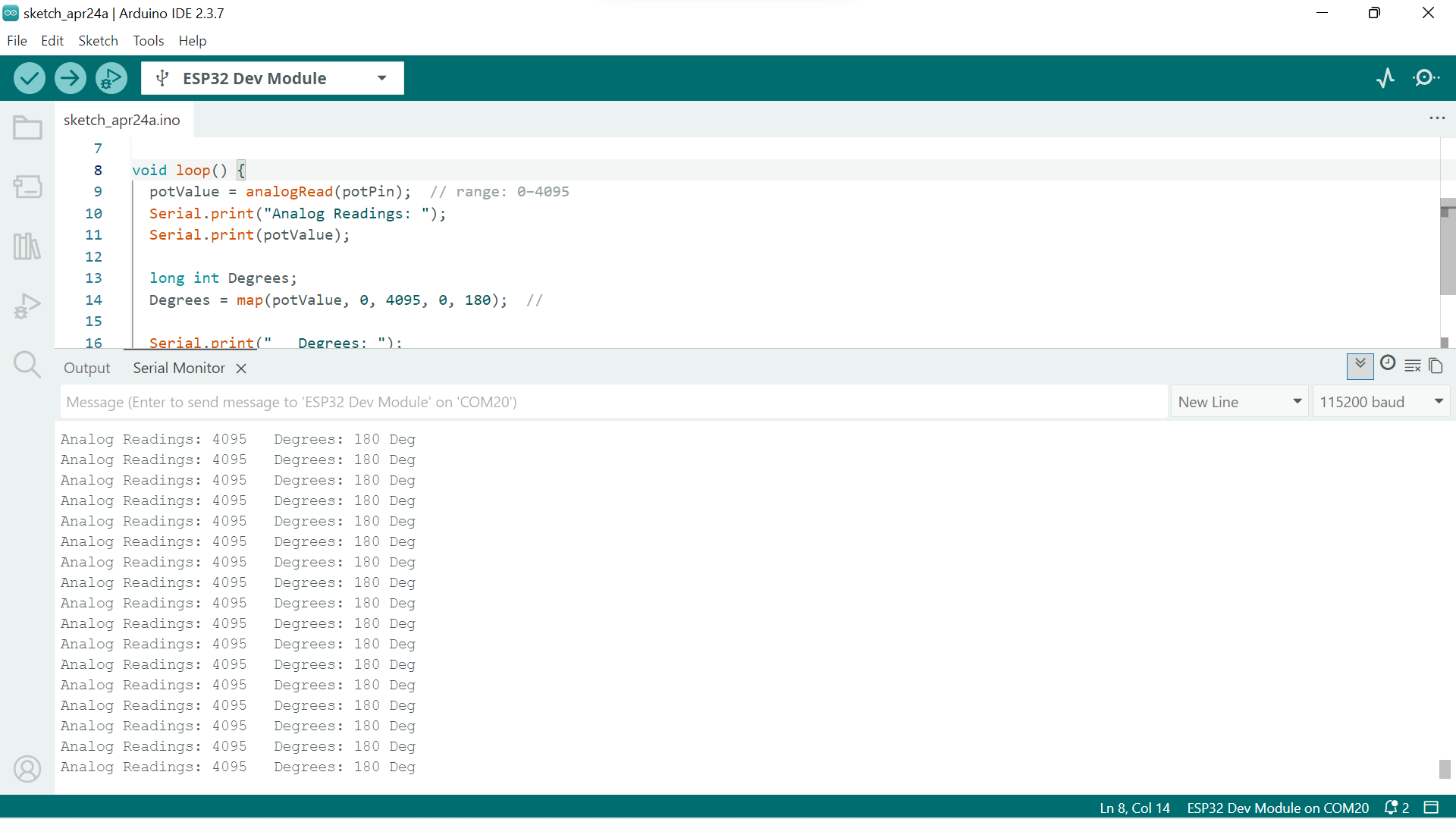 Serial Monitor showing full degree range output