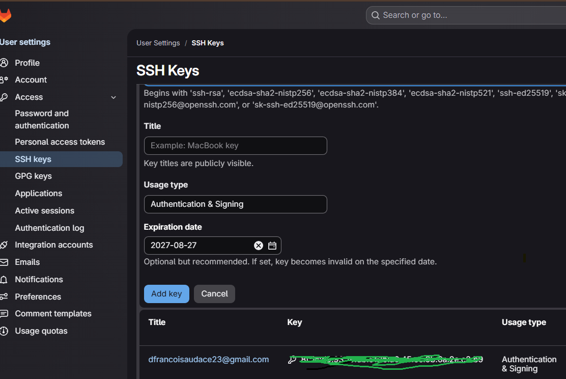 The GitLab SSH Keys page