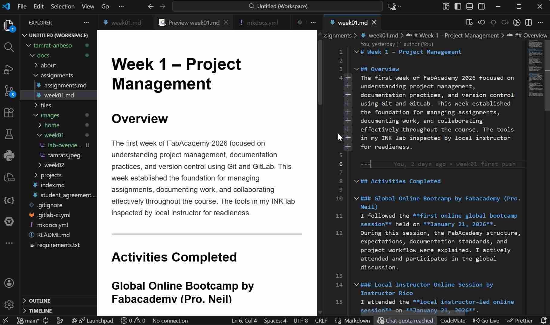 Week 01 startted with instrucion and working online intensively
