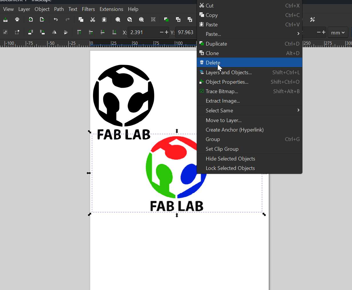 I tried the following **Fabacademy logo for sticker on the pc