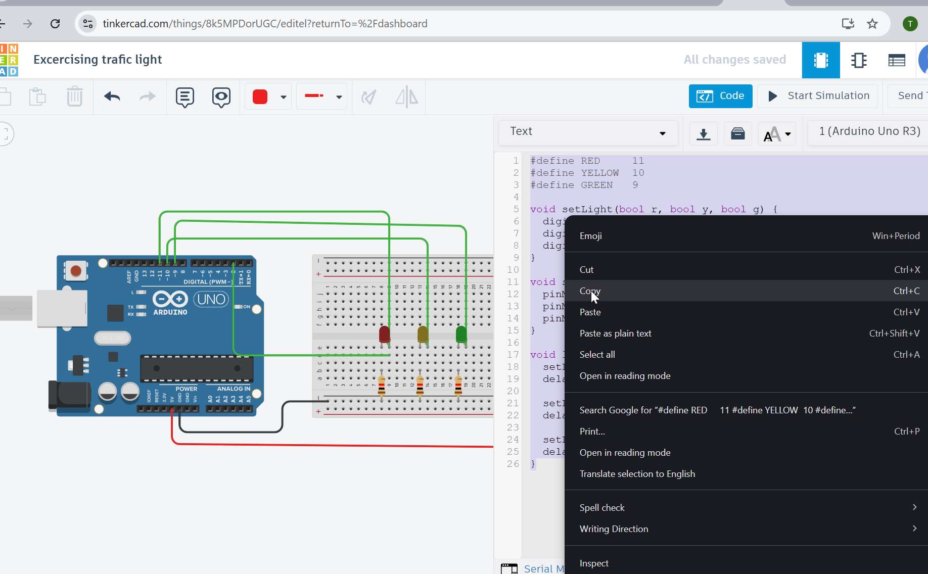 LEDs for traffic light designed on tinkercad