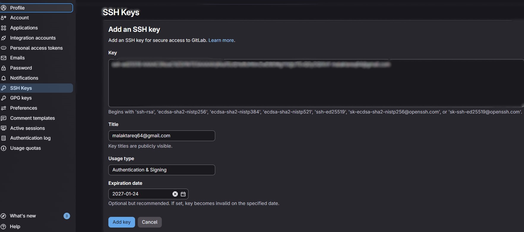 Add SSH Key form in GitLab