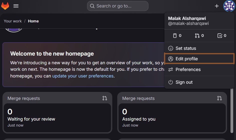 Edit profile option in GitLab