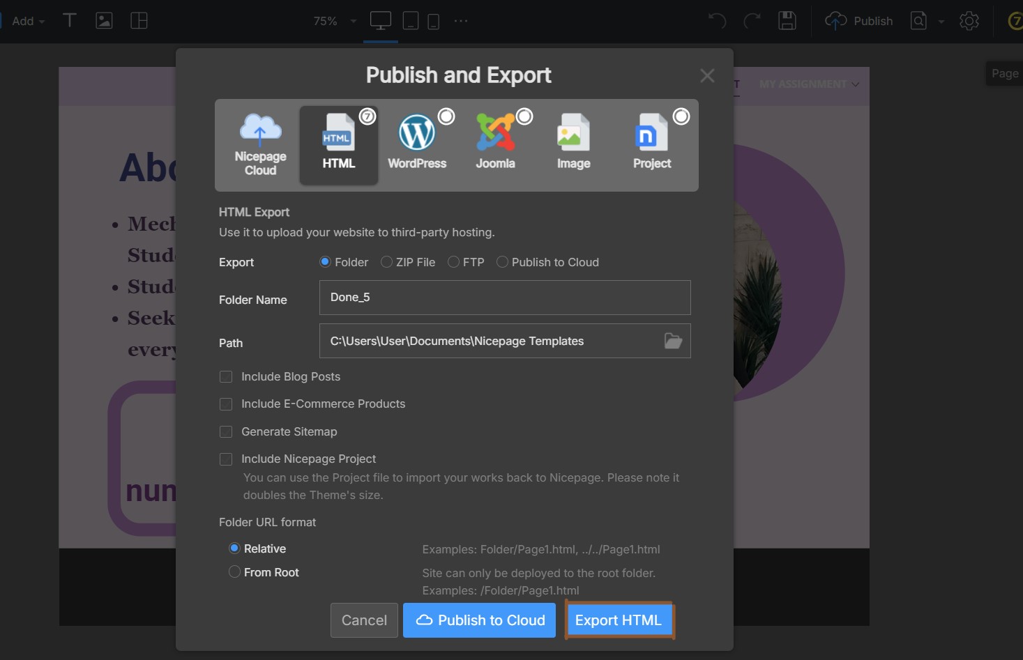 Nicepage export options