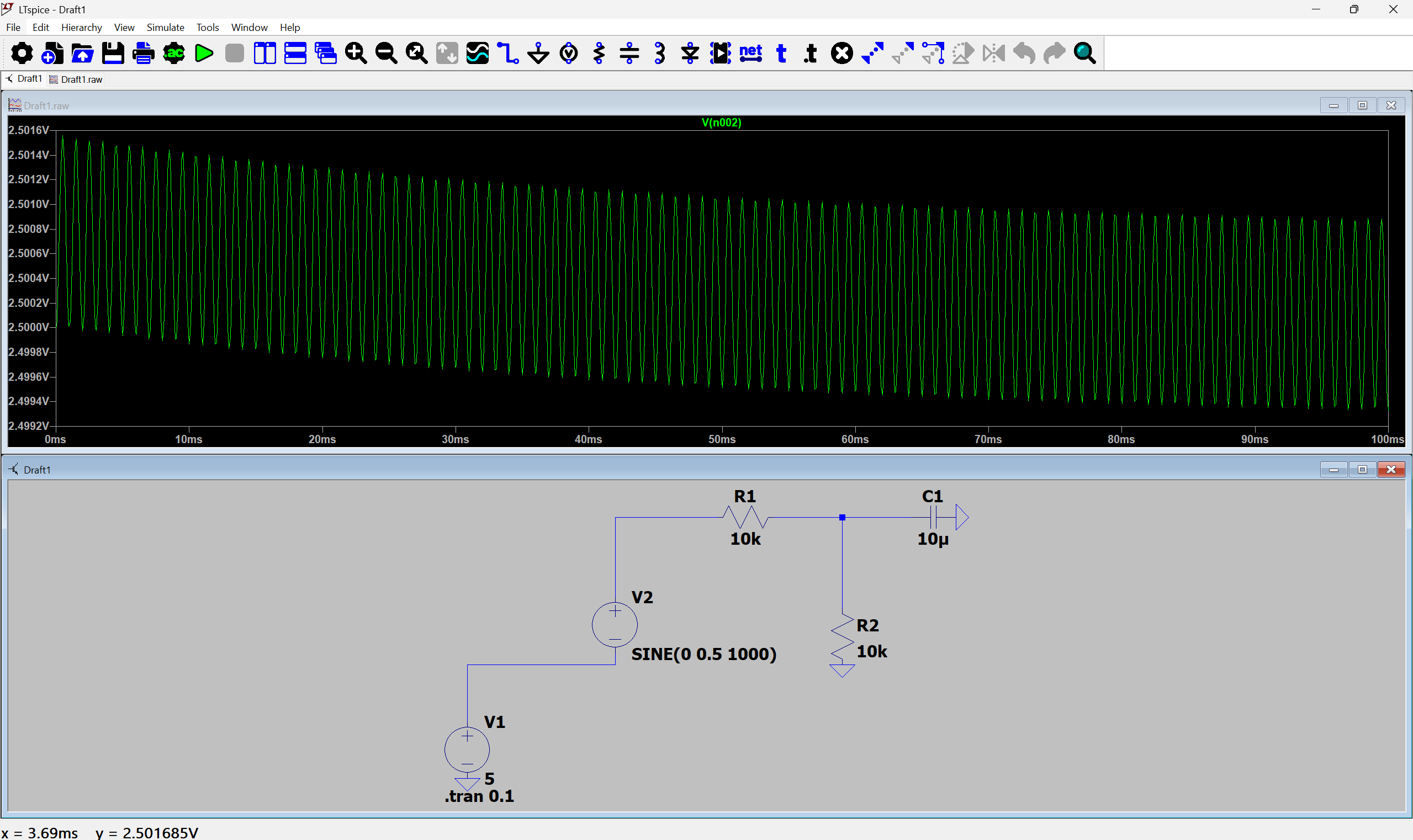 LTspice simulation — Velostat voltage divider model: schematic and output waveform