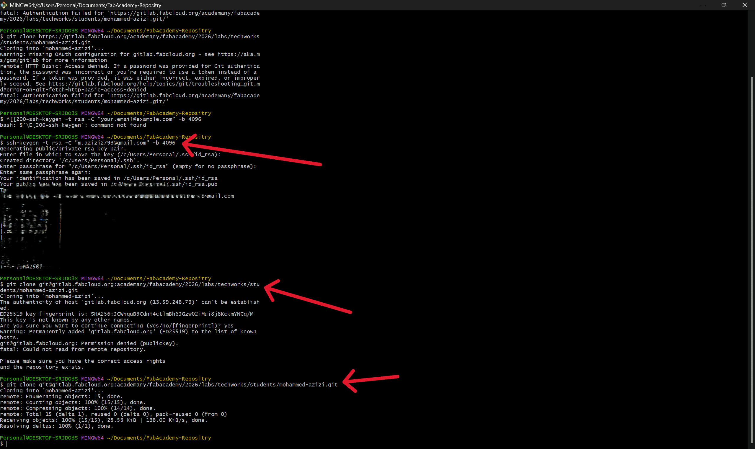 SSH Keygen git-clone commands in terminal,
