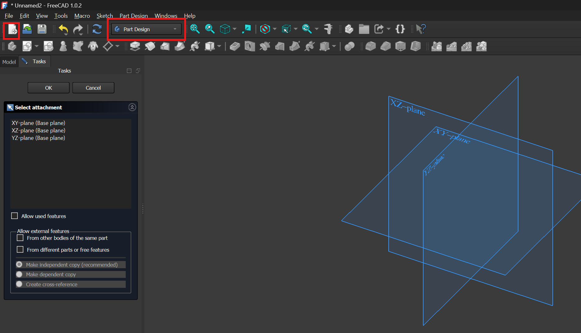 Selecting Part Design in FreeCAD