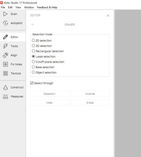 Switching the Eraser tool settings to Base Selection mode to automatically target and clear out the flat floor tracking plate plane.