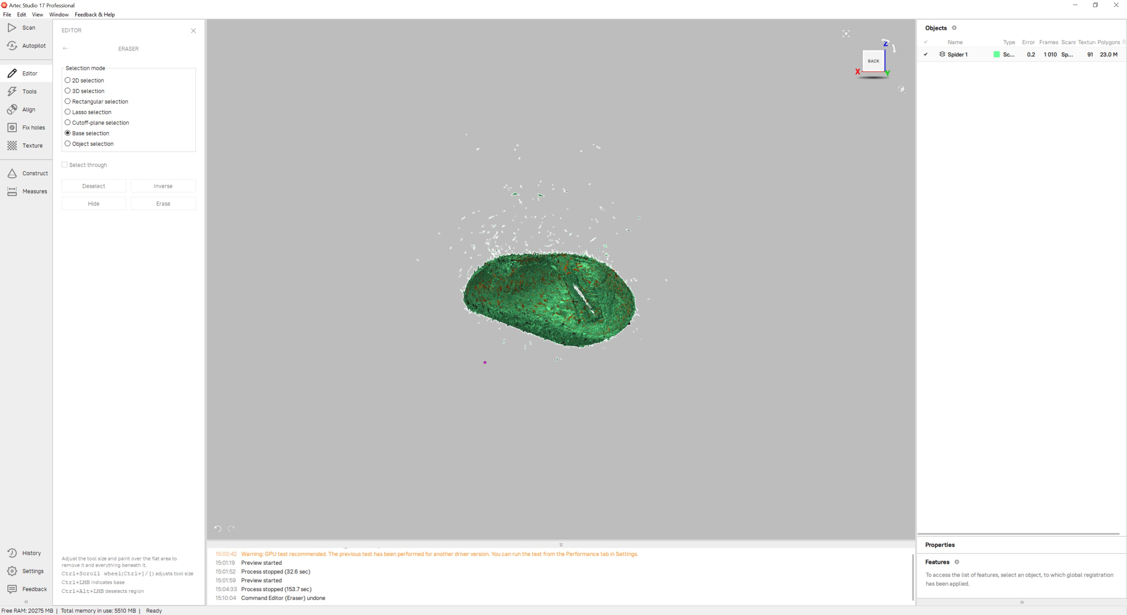 Isolating a floating cluster of scanning noise with a red highlight boundary using the Lasso Selection tool inside the Editor window.