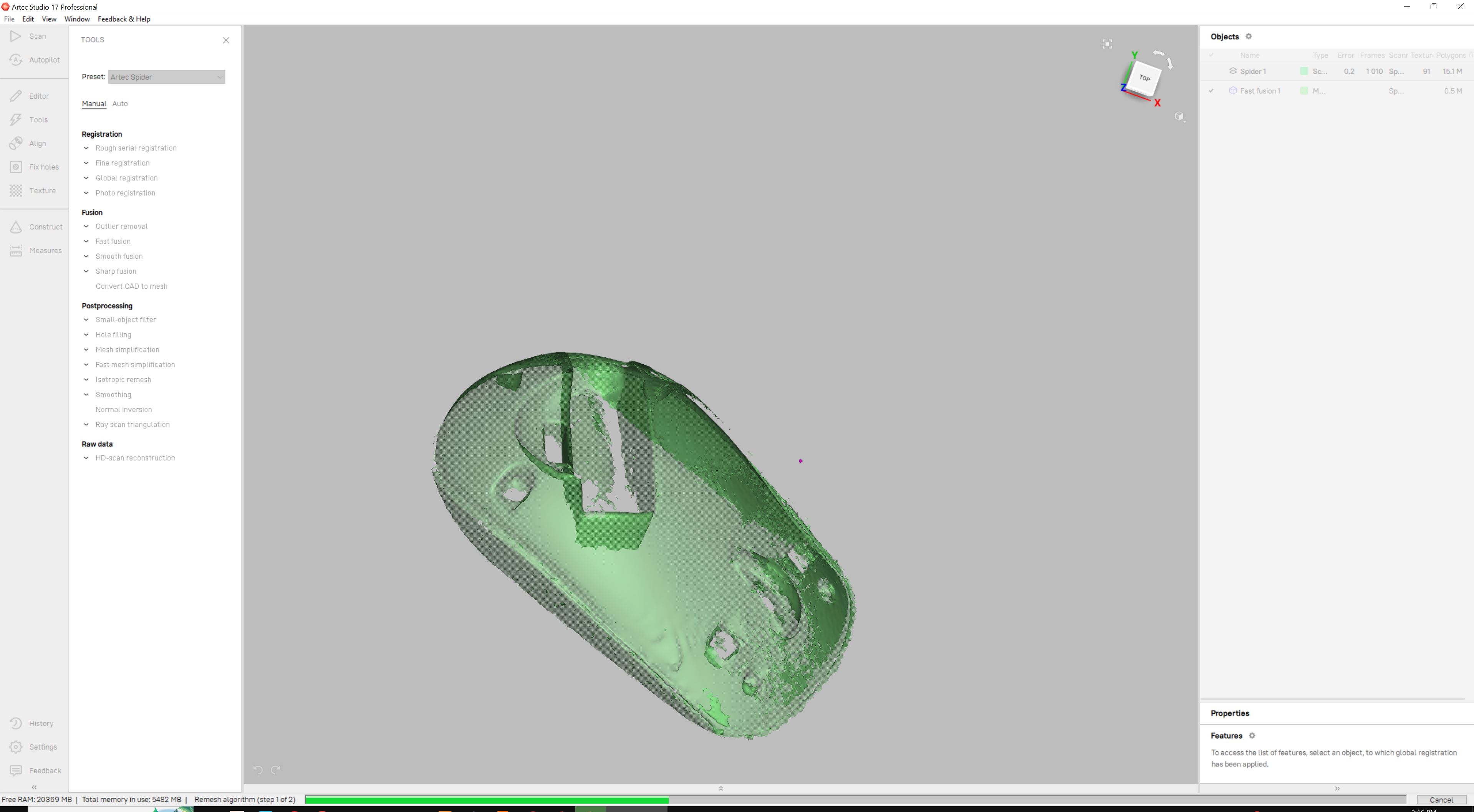 Running the Fast Fusion mesh calculation algorithm with a progress bar shown at the bottom of the interface to compile the finalized mouse model.