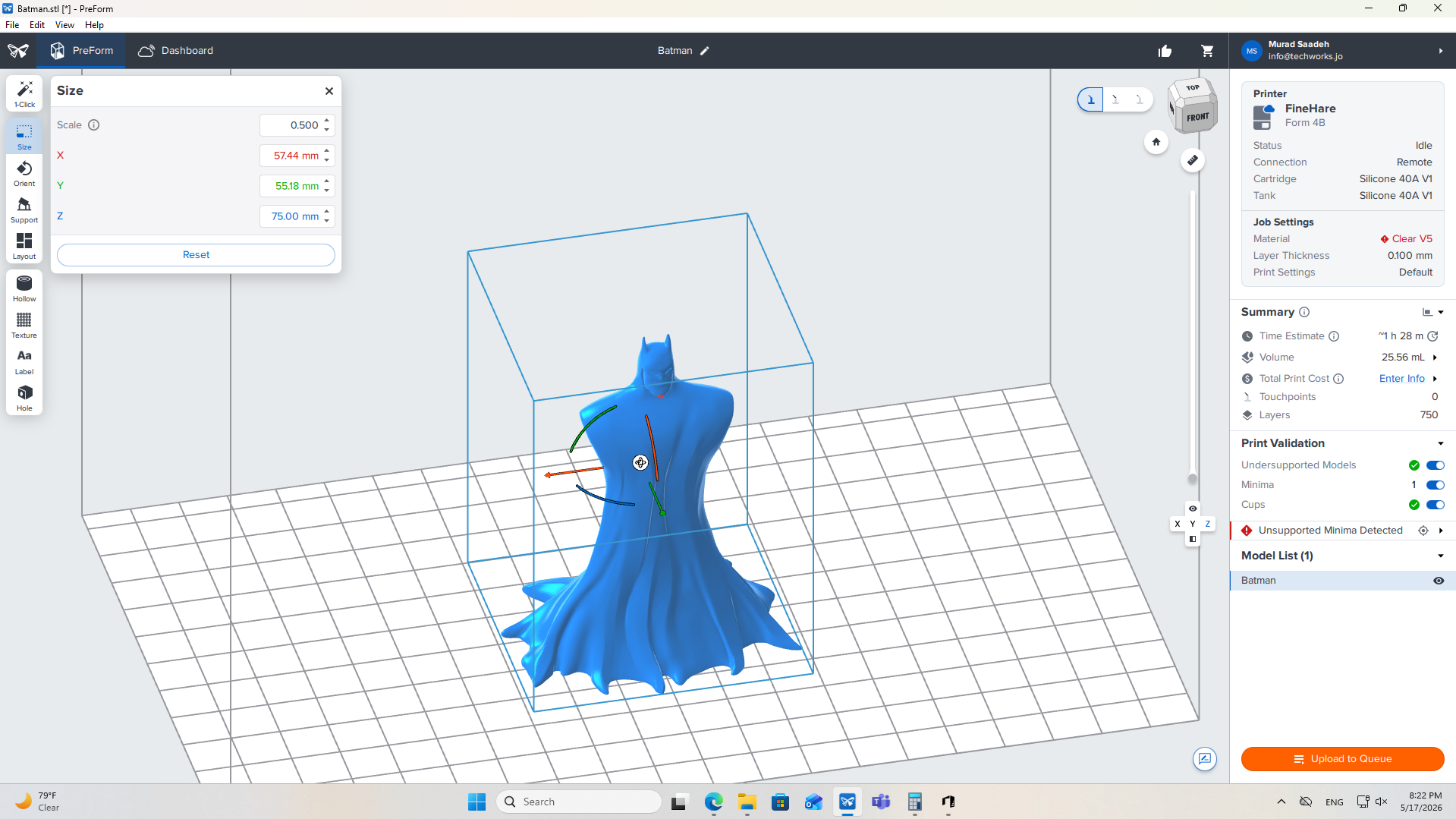 Importing and scaling the Batman STL model to a 0.500 scale factor within the Formlabs PreForm workspace, noting initial print validation flags for unsupported minima.