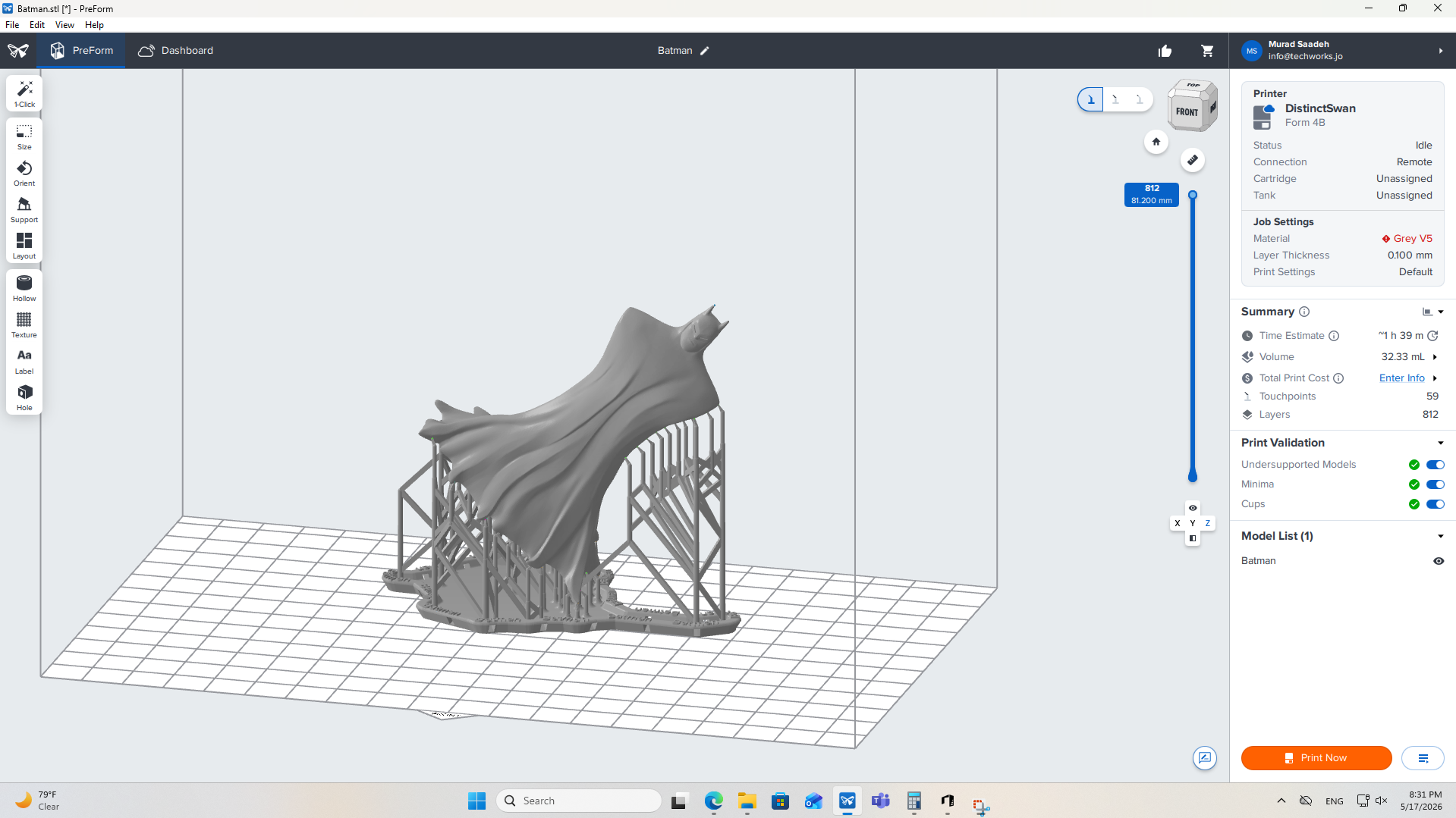 Reviewing the oriented model showing a calculated volume of 32.33 mL and a print time estimate of 1 hour 39 minutes using Formlabs Grey V5 resin.