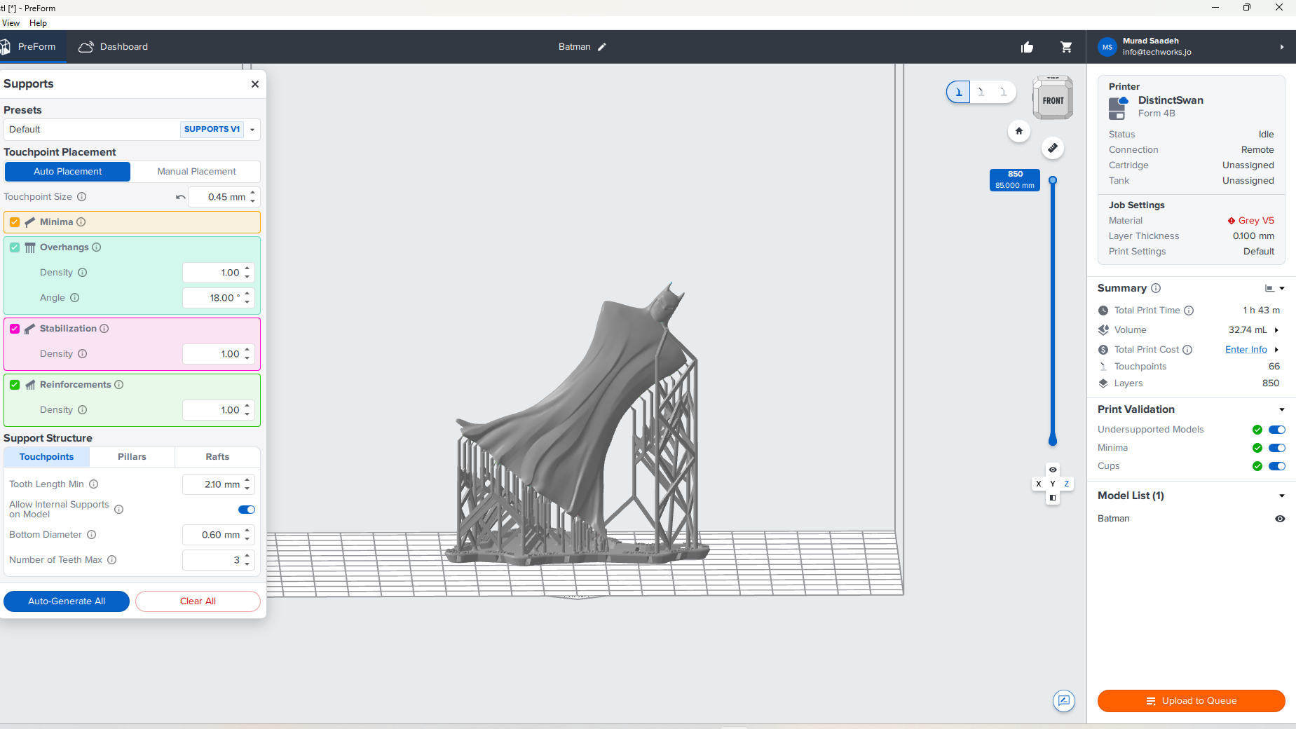 Configuring the SLA support parameters menu in PreForm, detailing auto-placement adjustments for touchpoint sizes, overhang angles, density settings, and base rafts.