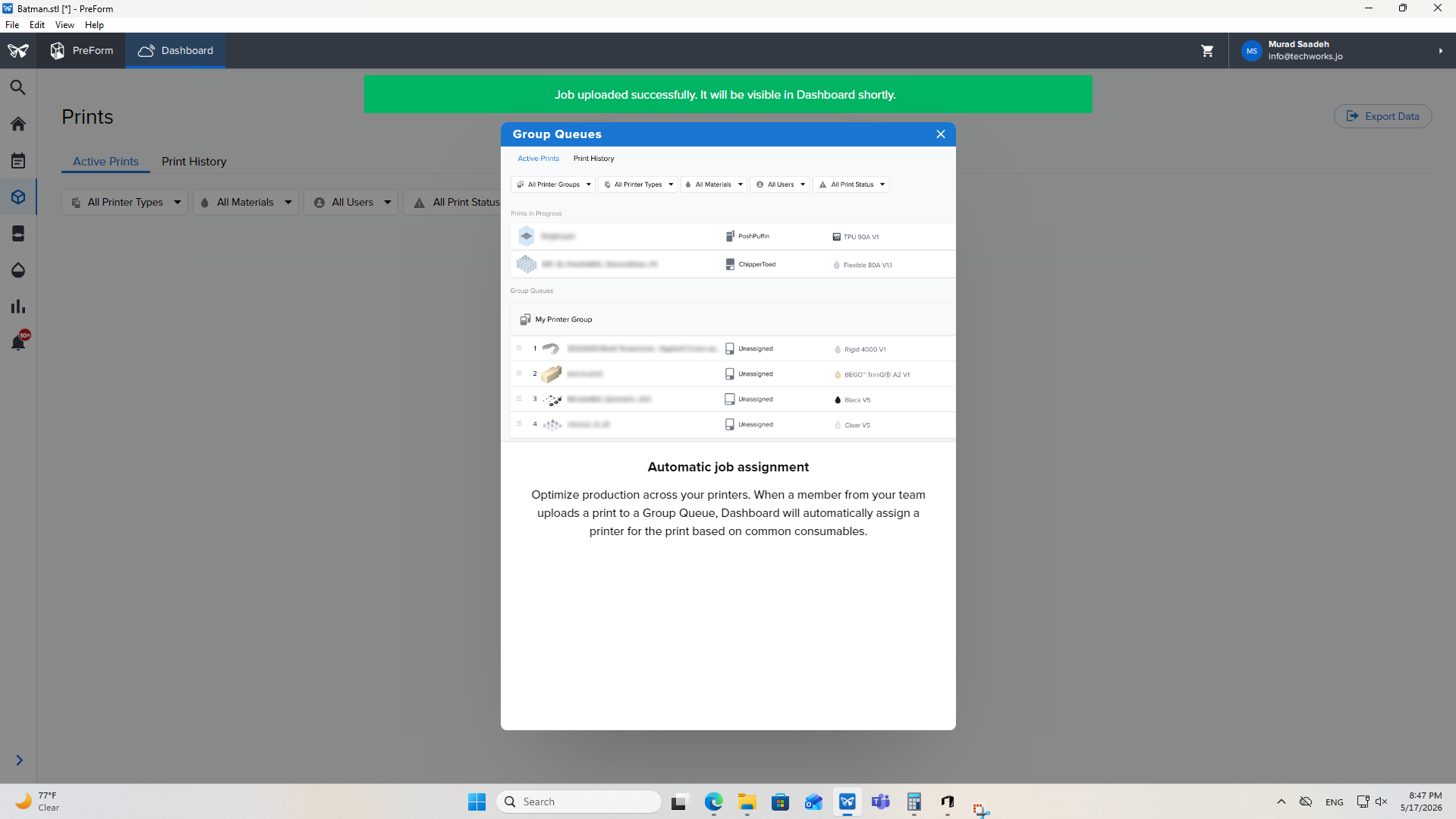 A green confirmation banner indicating the print job was uploaded successfully to the Formlabs Dashboard Group Queues system for automatic assignment.