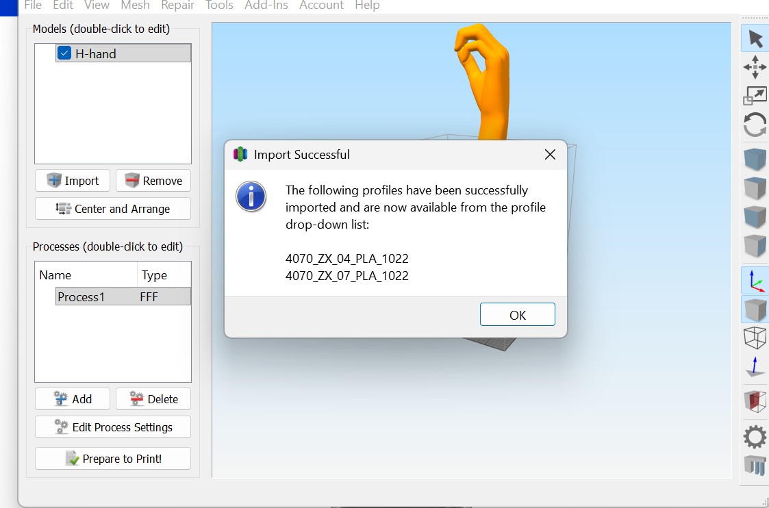 Importing the downloaded WASP FFF profiles into Simplify3D slicing software
