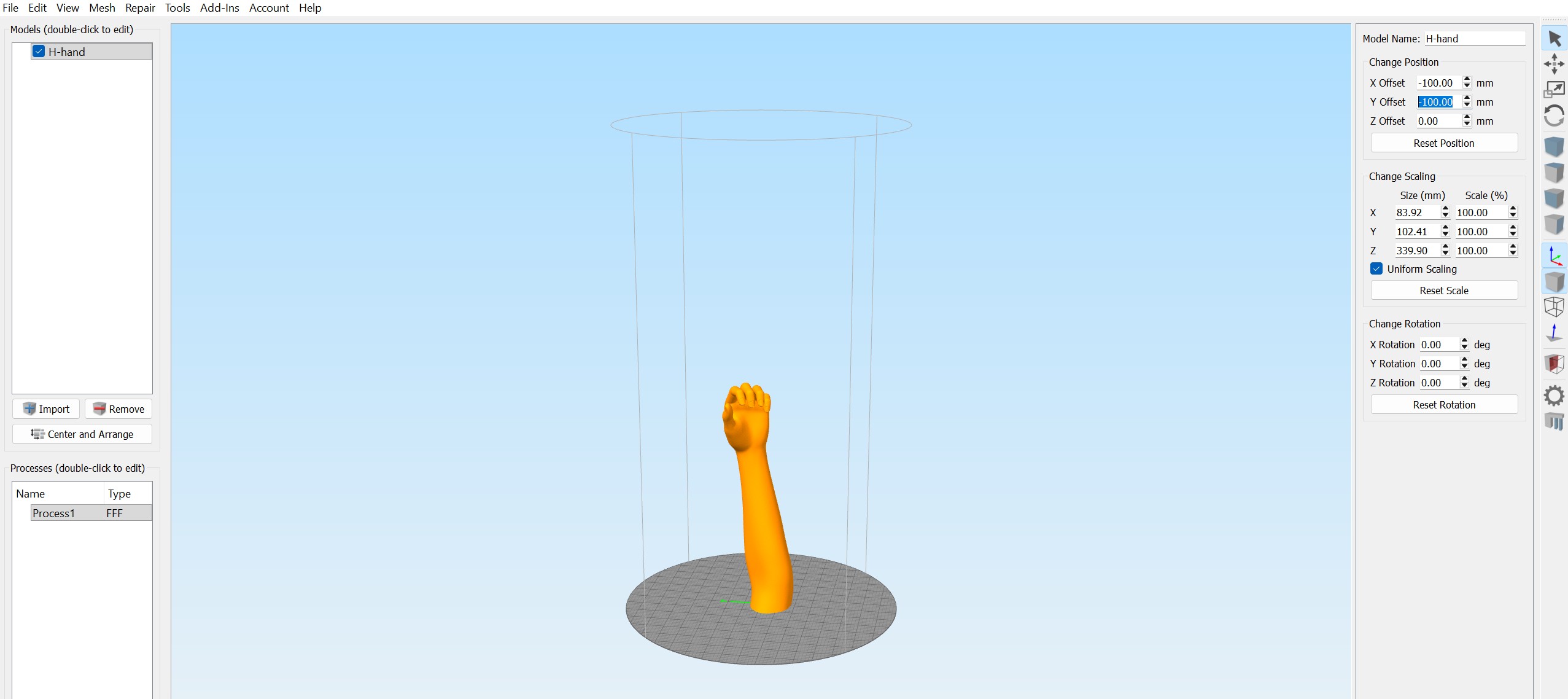 Repositioning and orienting the 3D model on the virtual build plate in Simplify3D