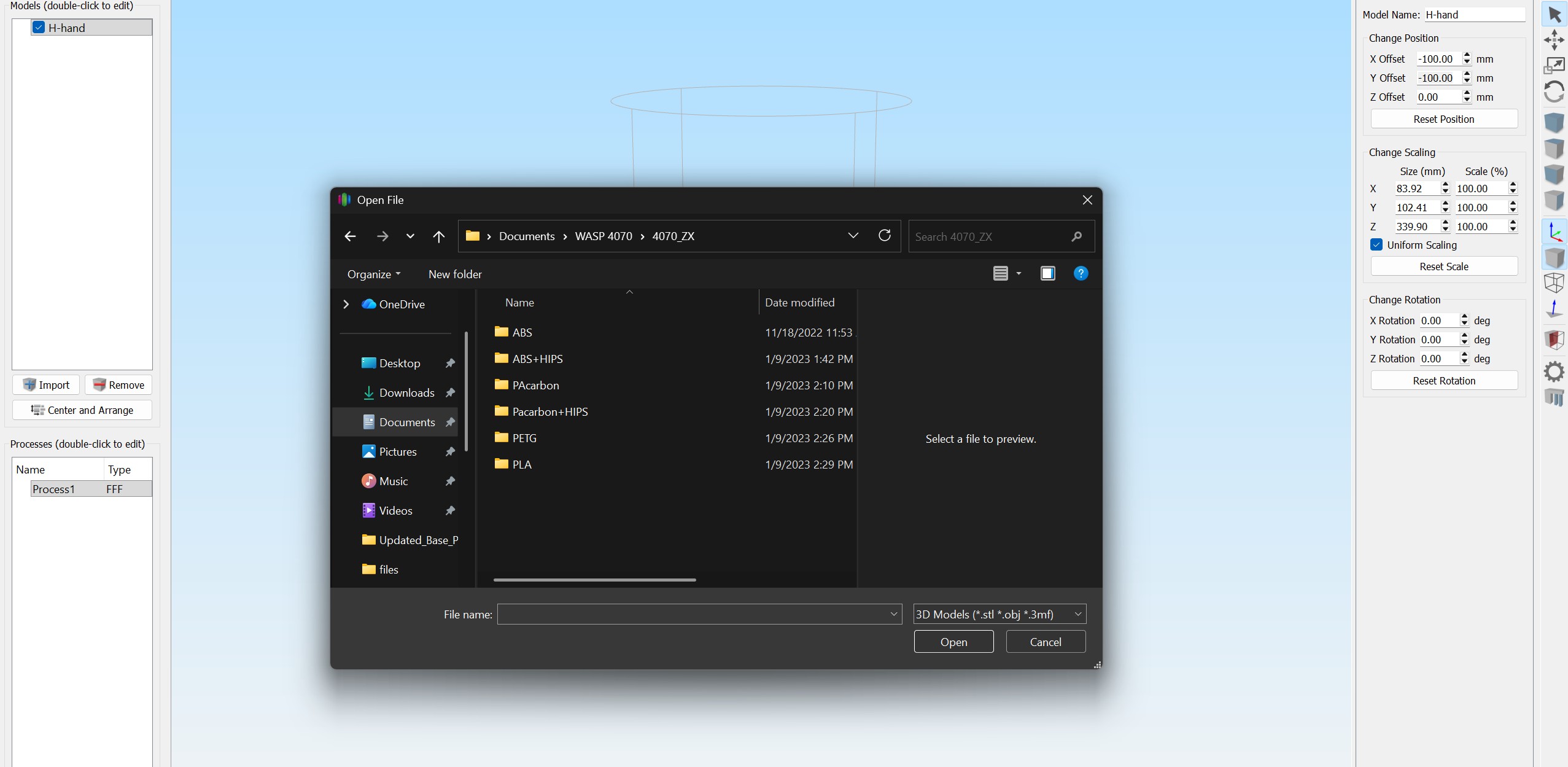 Opening the file system directory to import additional 3D mesh files into the workspace