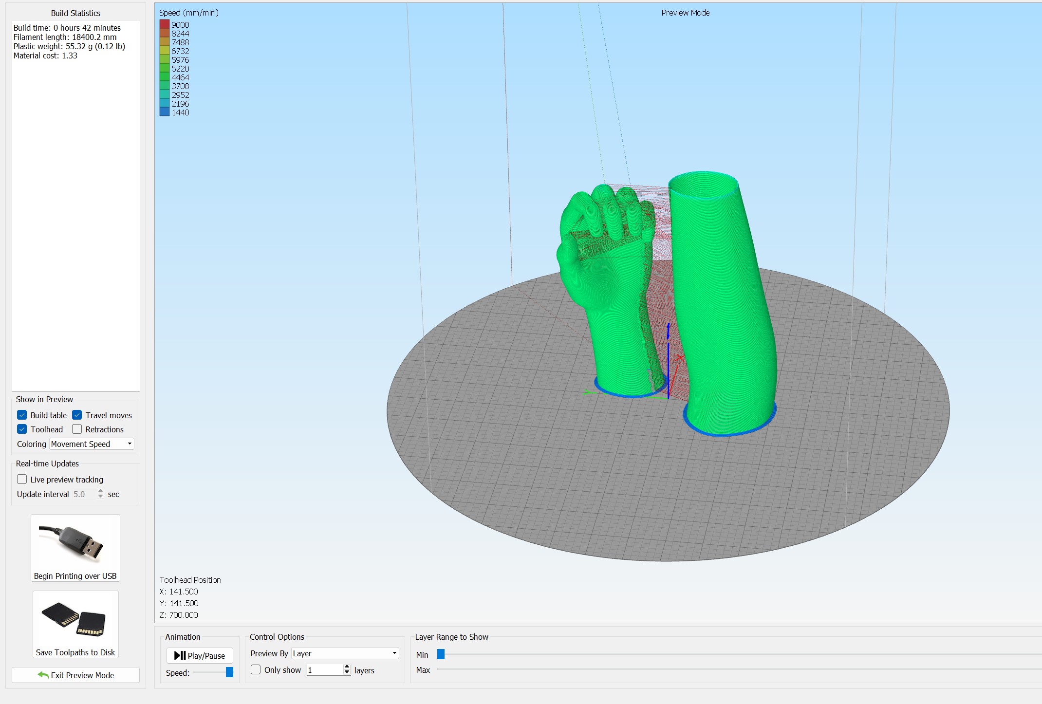 Previewing the sliced 3D model geometry showing toolpath and multi-part arrangement