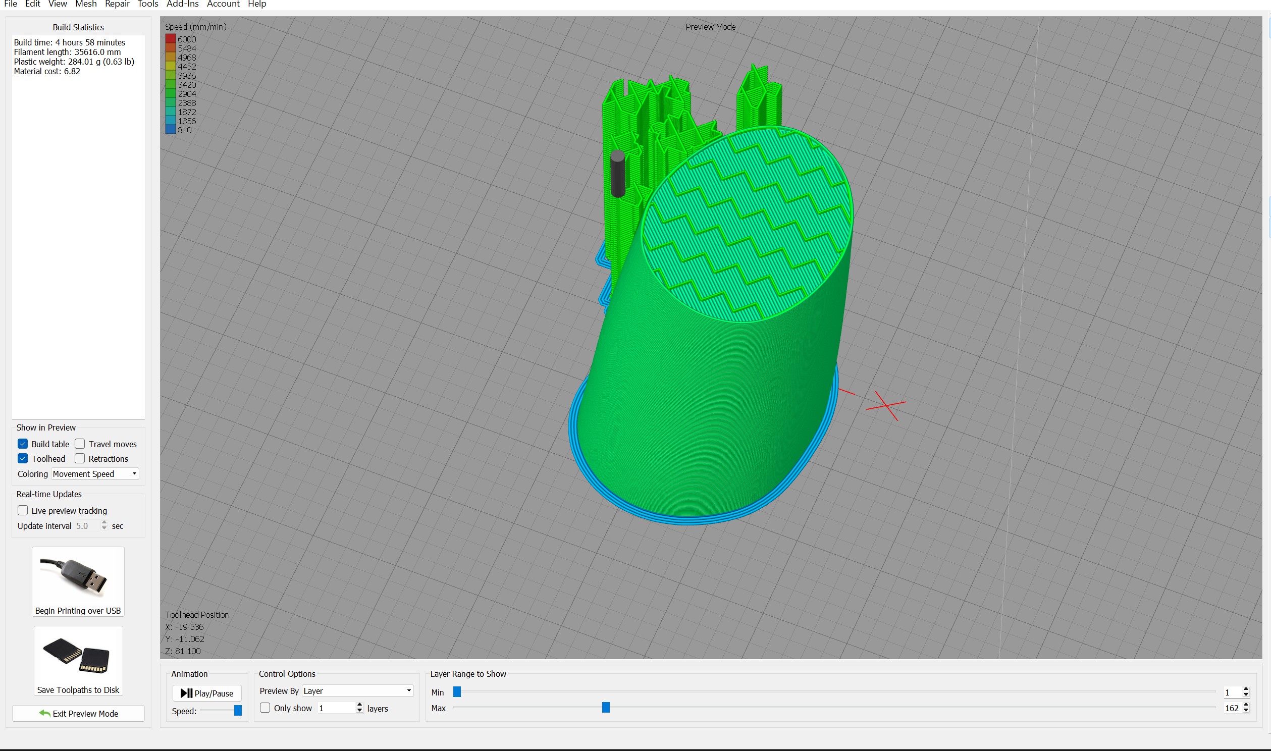 Final sliced toolpath visualization displaying print layer breakdown ready for export to the WASP 4070