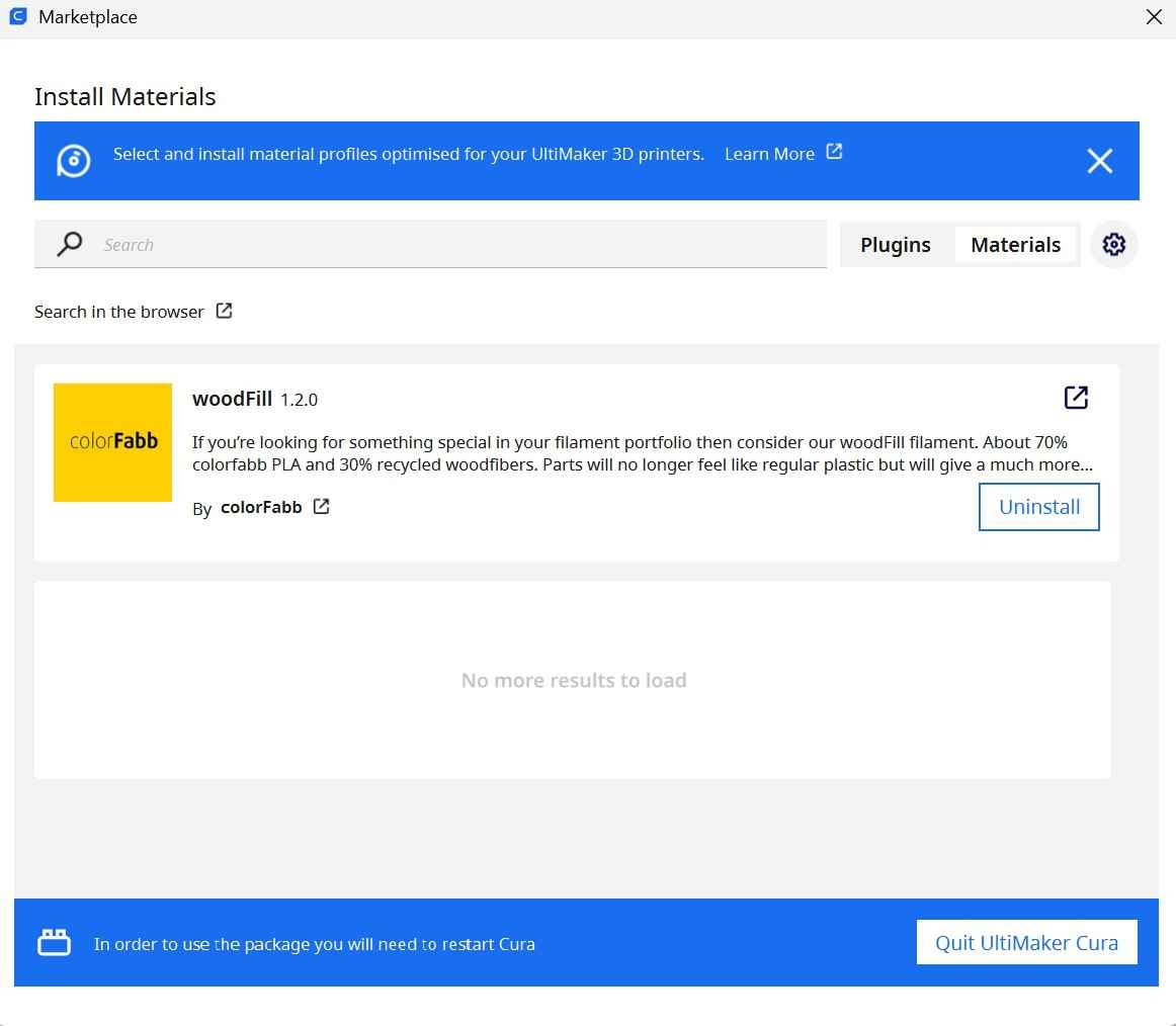 Navigating the UltiMaker Cura Marketplace to check the installation status of the colorFabb woodFill custom material profile.