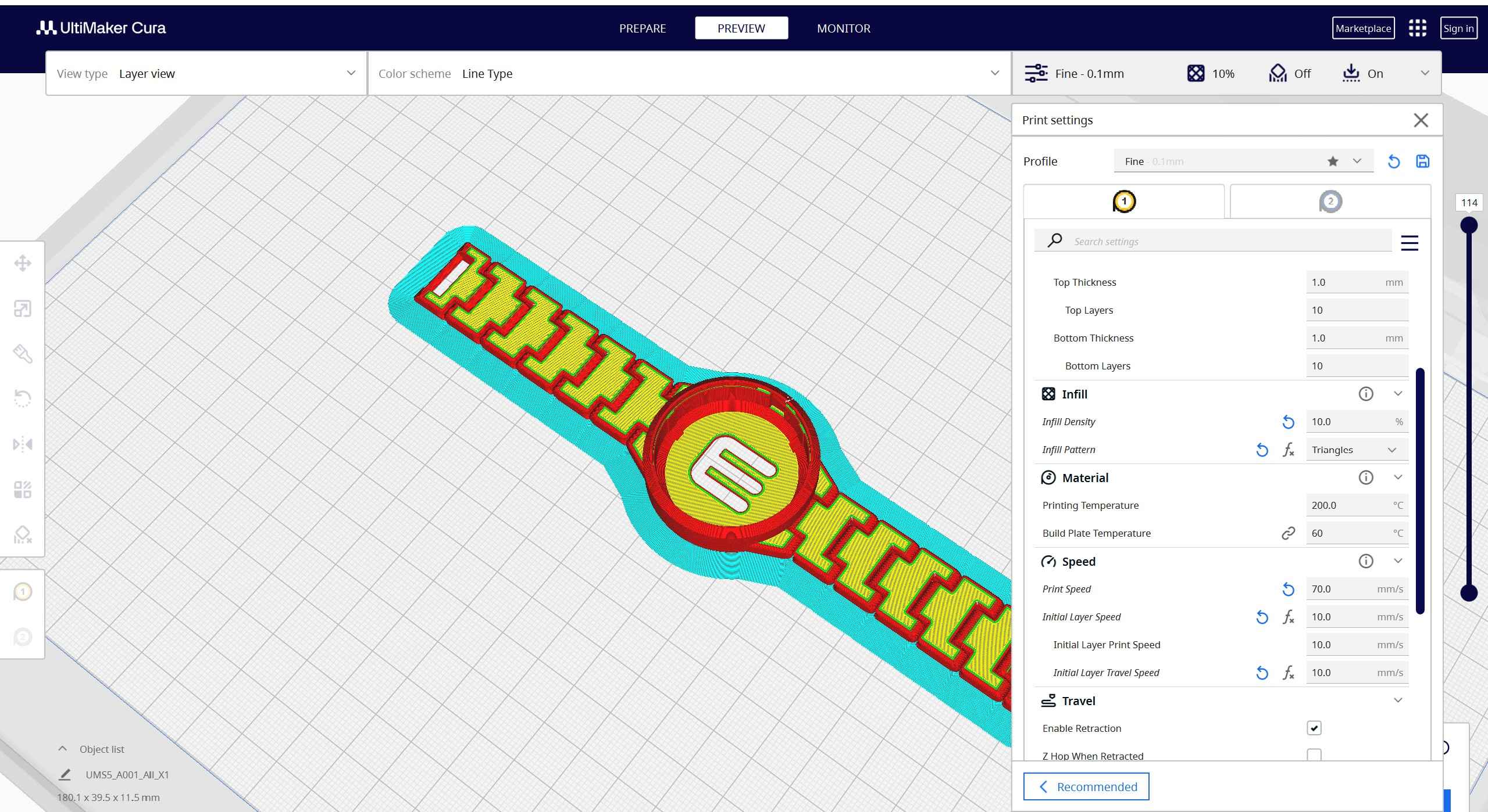 Previewing the sliced model toolpath layer-by-layer inside UltiMaker Cura, showing a 10% triangle infill pattern and a stabilization brim.