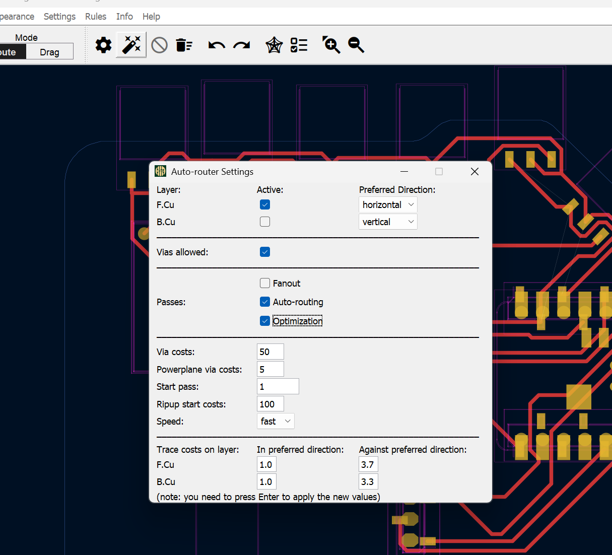 Auto-Routing Settings - Freerouting