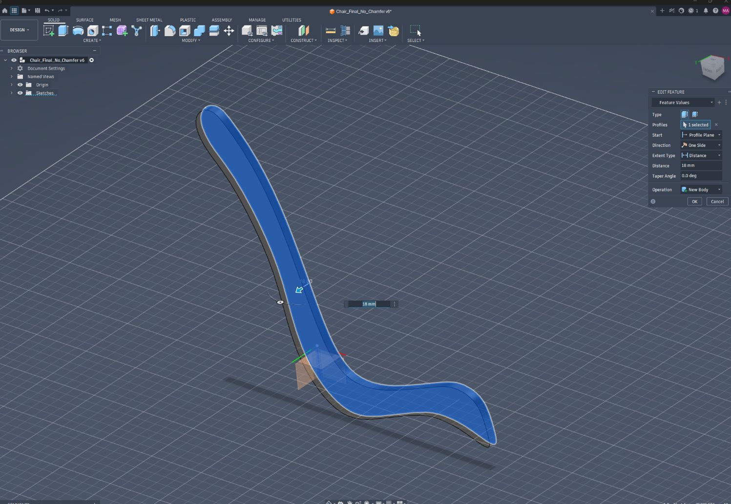 Extrude the sketch to 18mm / plywood thickness 