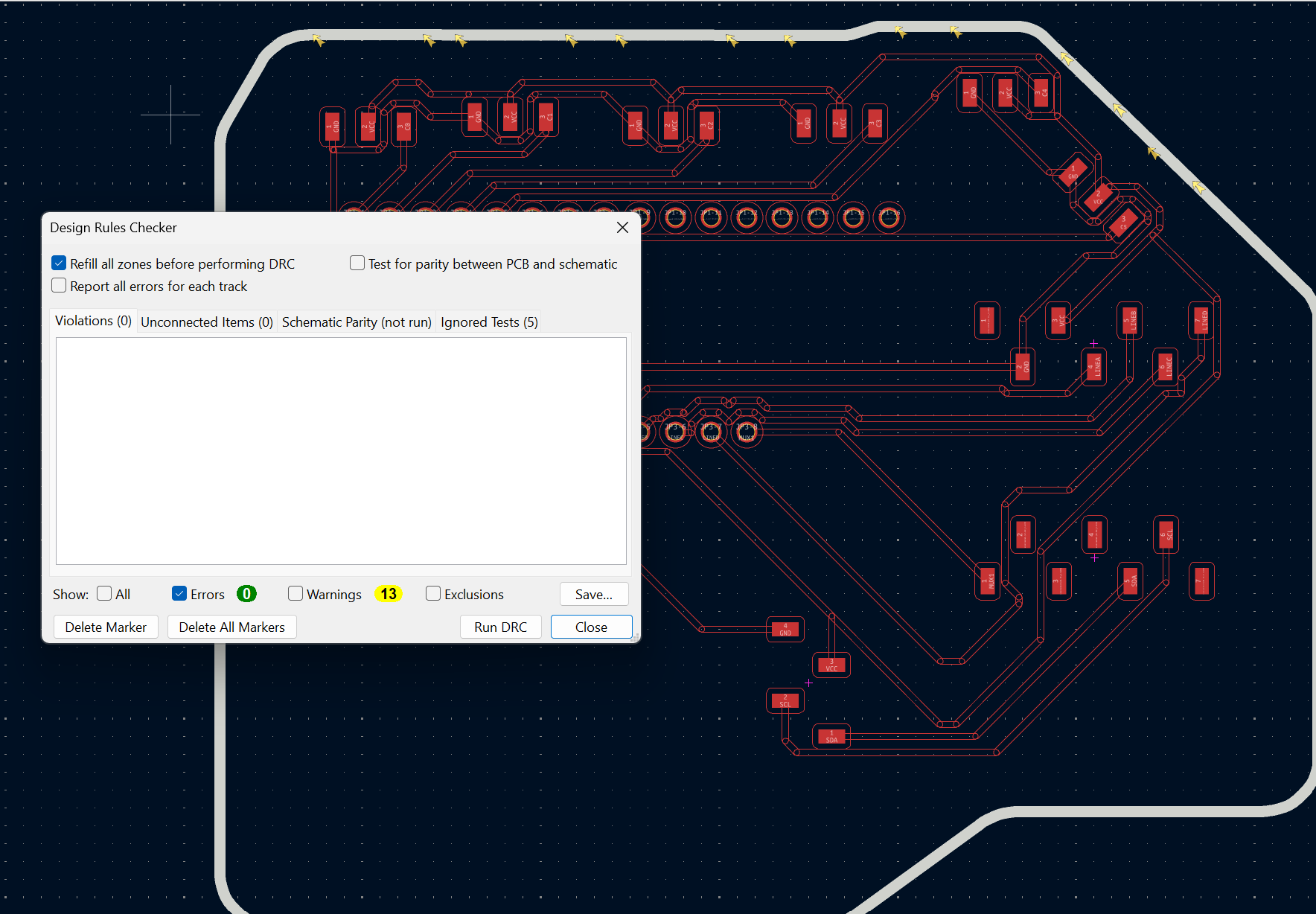 Always run DRC prior to exporting the files from KiCAD, mainly addressing any errors found